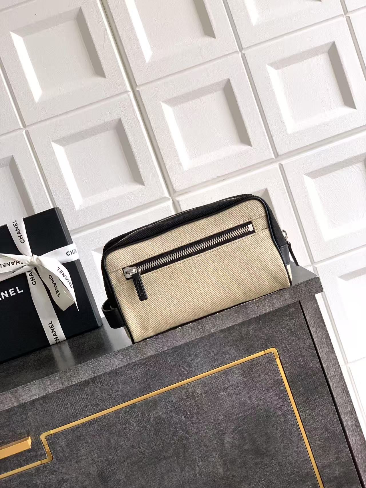 Chanel Coco Beach Small Canvas and Leather-Trimmed Pouch in Apricot - Image 3