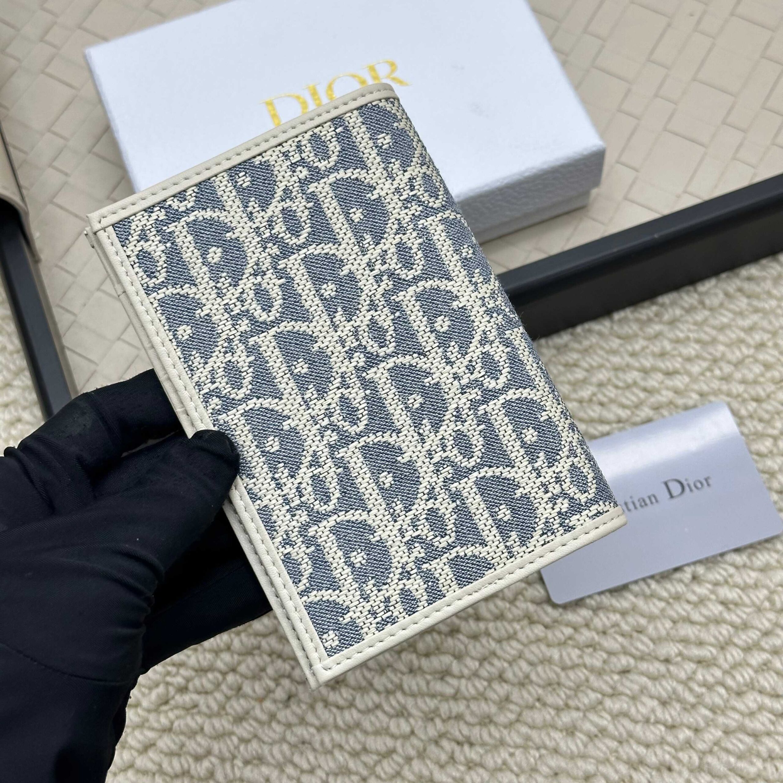 Dior Passport Holder in Beige and Black Oblique Canvas - Image 3