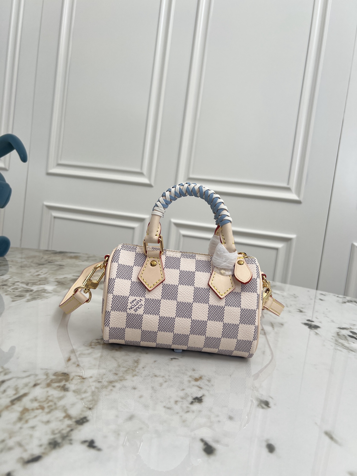 Louis Vuitton Nano Speedy Handbag in Damier Azur Coated Canvas - Image 3