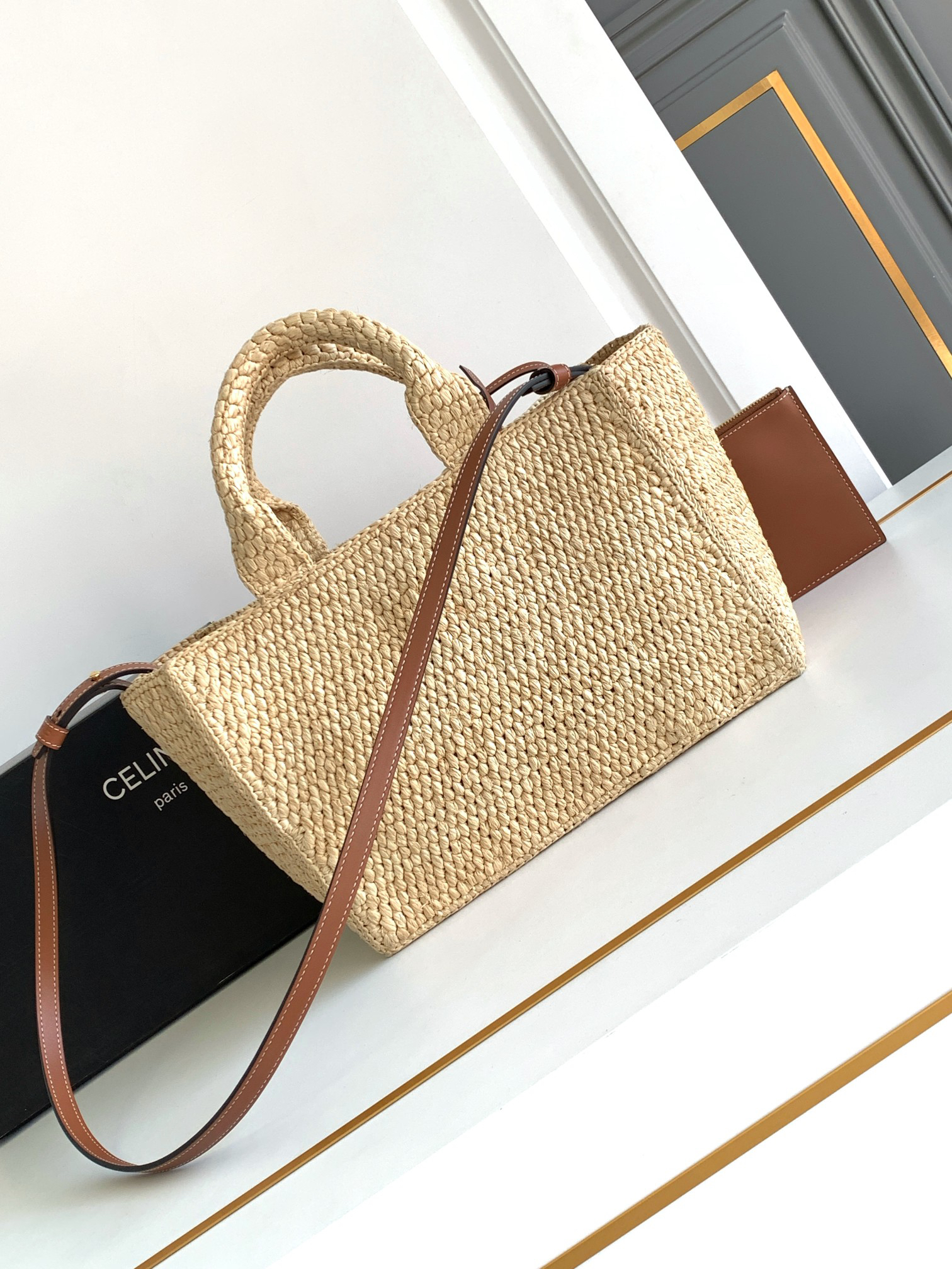 CELINE TCABAS THAIS Small Woven and Calfskin Tote Bag - Image 3
