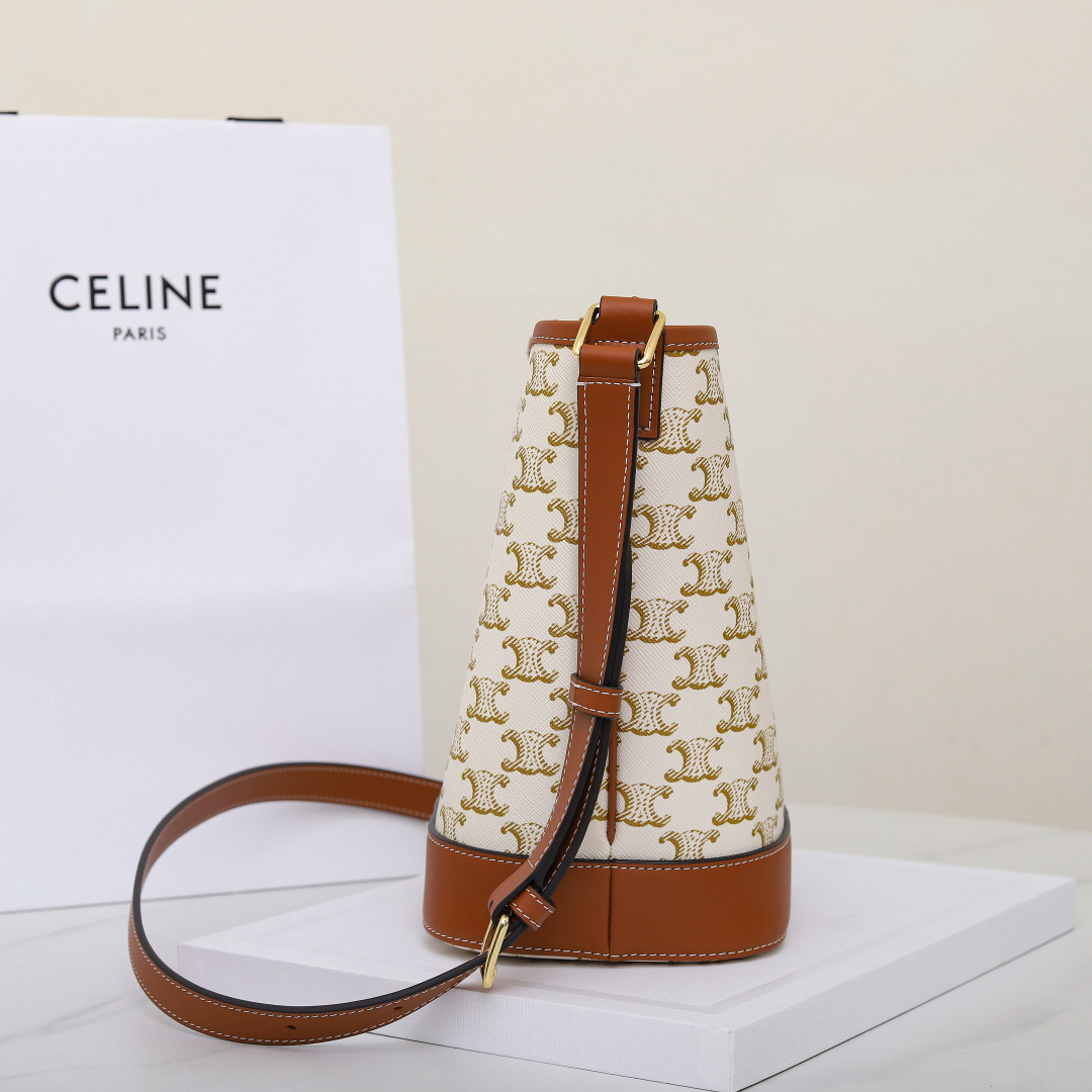Celine Small Bucket Bag in Monogram Canvas and Brown Leather - Image 3