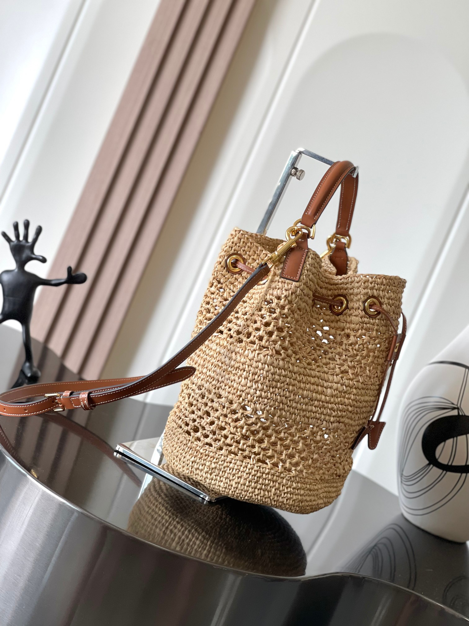 CELINE Clara Woven Plant-Fiber and Calfskin Leather Drawstring Bucket Bag - Image 3