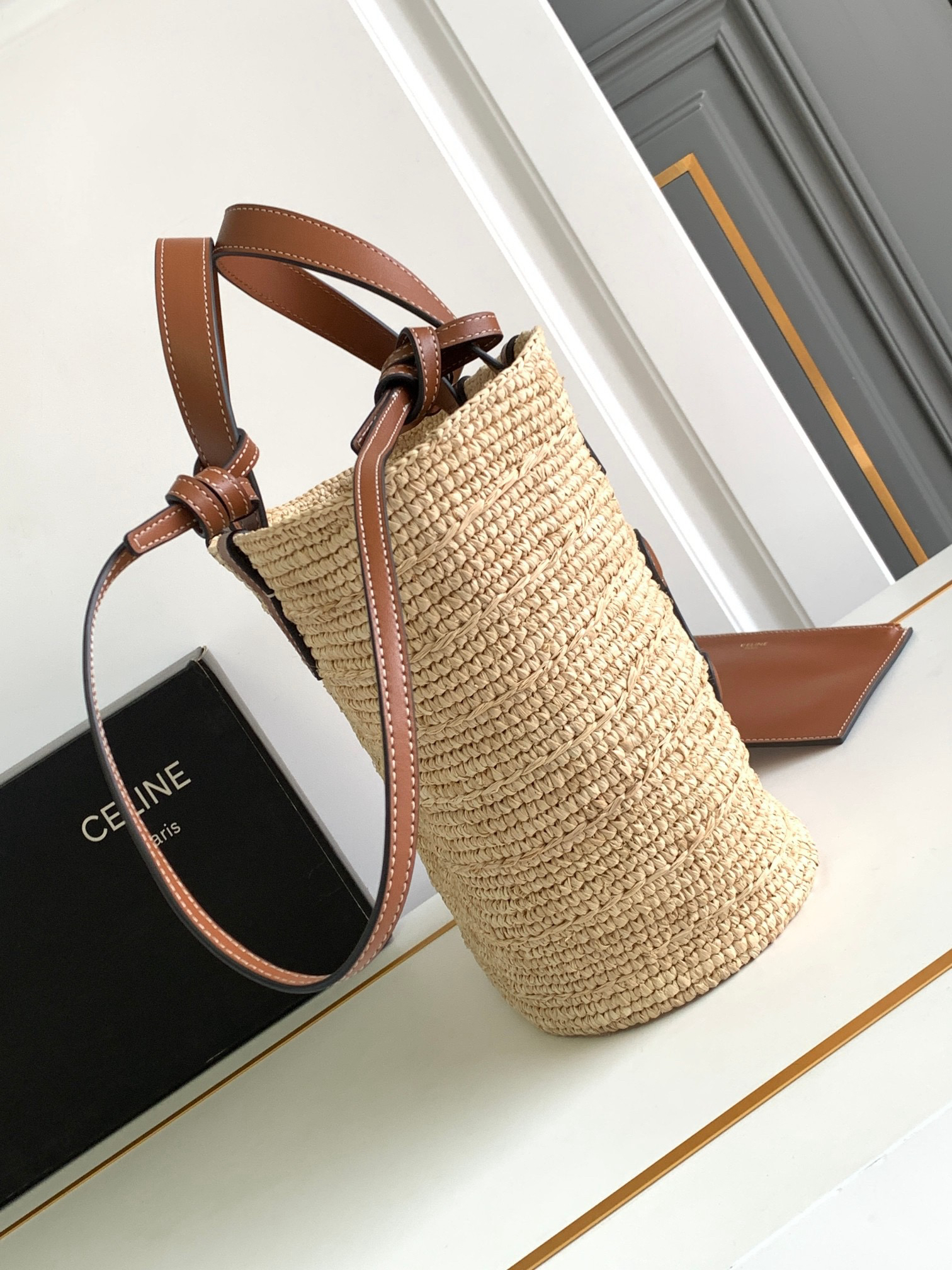 CELINE Teen Woven Plant-Fiber and Calfskin Leather Basket Bag - Image 3