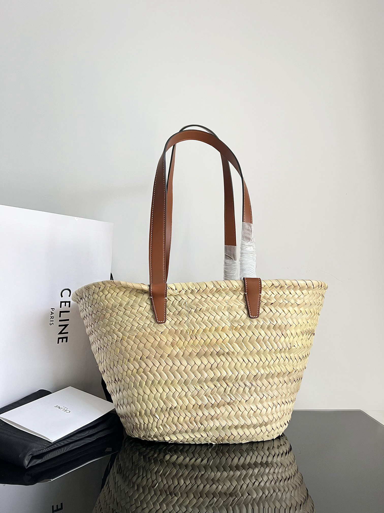 Celine Classic Triomphe Woven Leather-Handle Tote Bag - Image 3