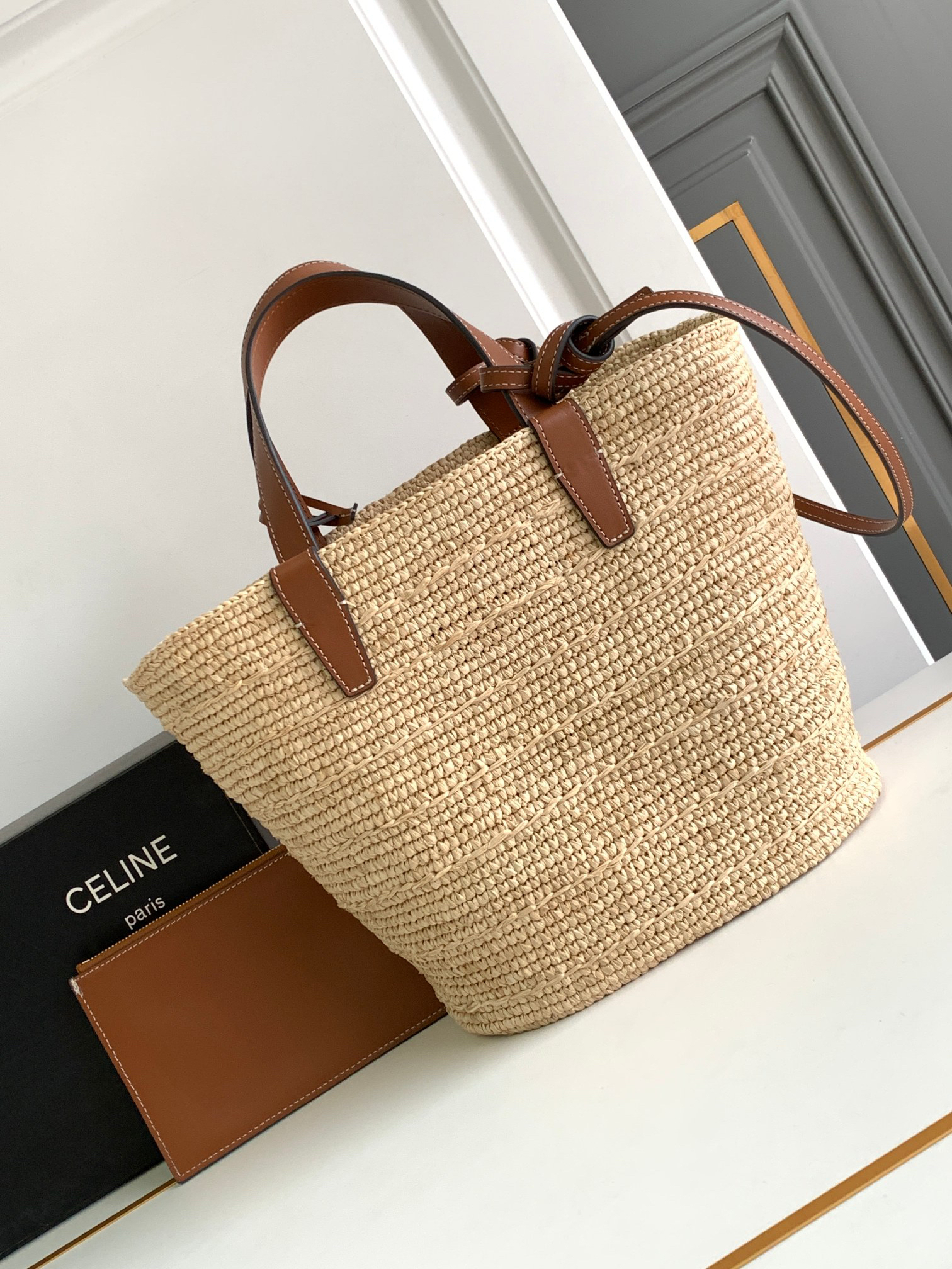 CELINE Teen Woven Basket Tote Bag in Natural Fiber and Calfskin - Image 3