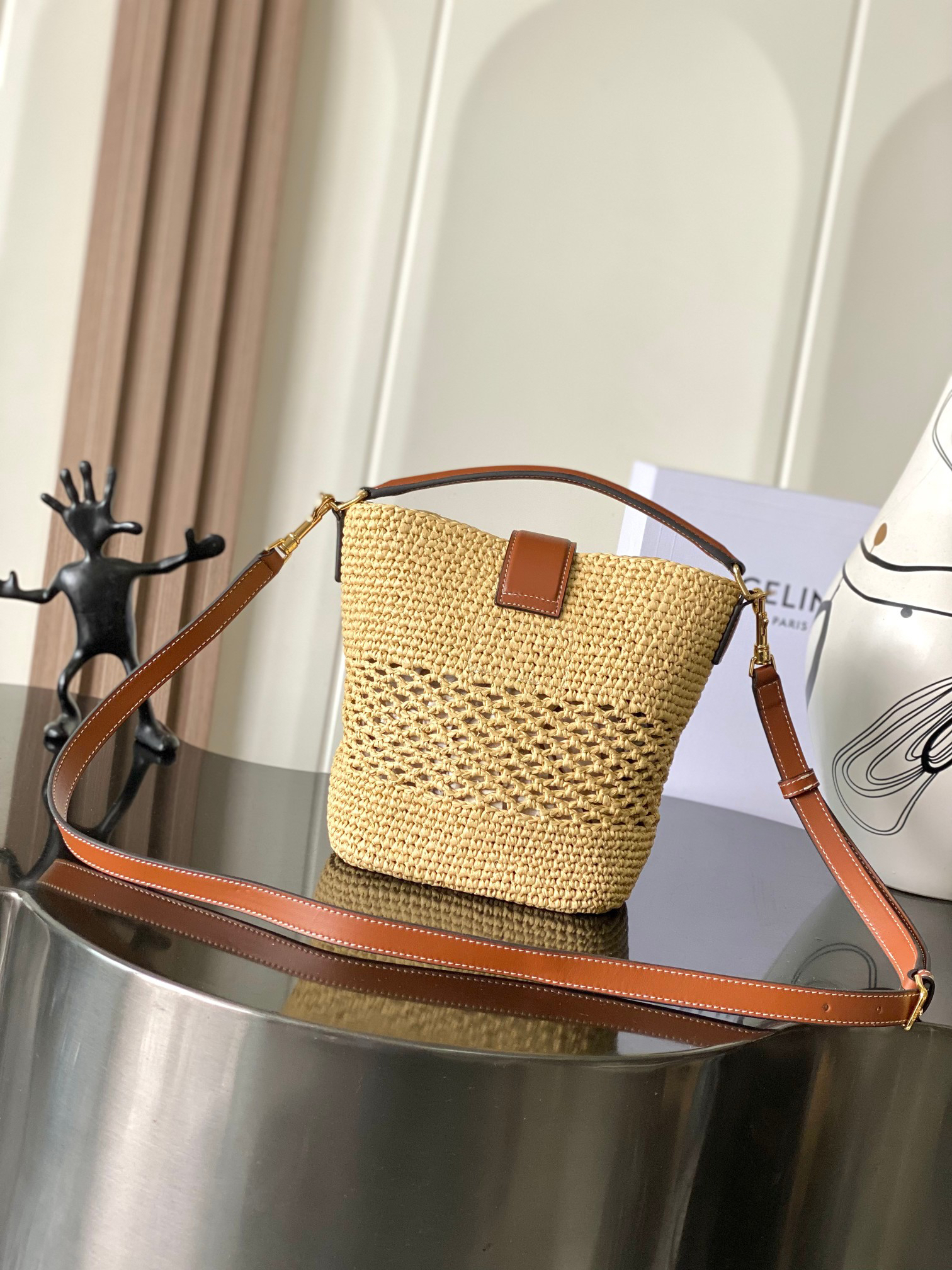 Celine Louise Small Woven and Cowhide Leather Bucket Bag - Image 3