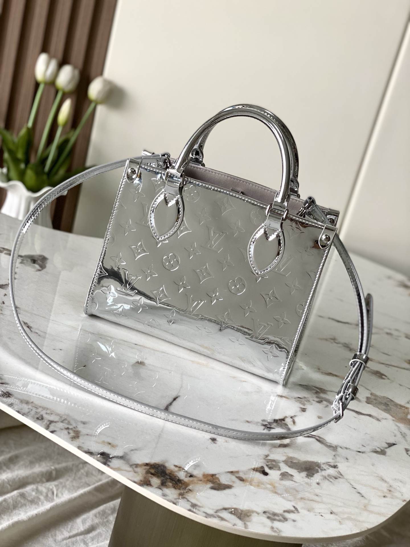 Louis Vuitton OnTheGo Small Crossbody Bag in Silver Monogram Miroir - Image 3