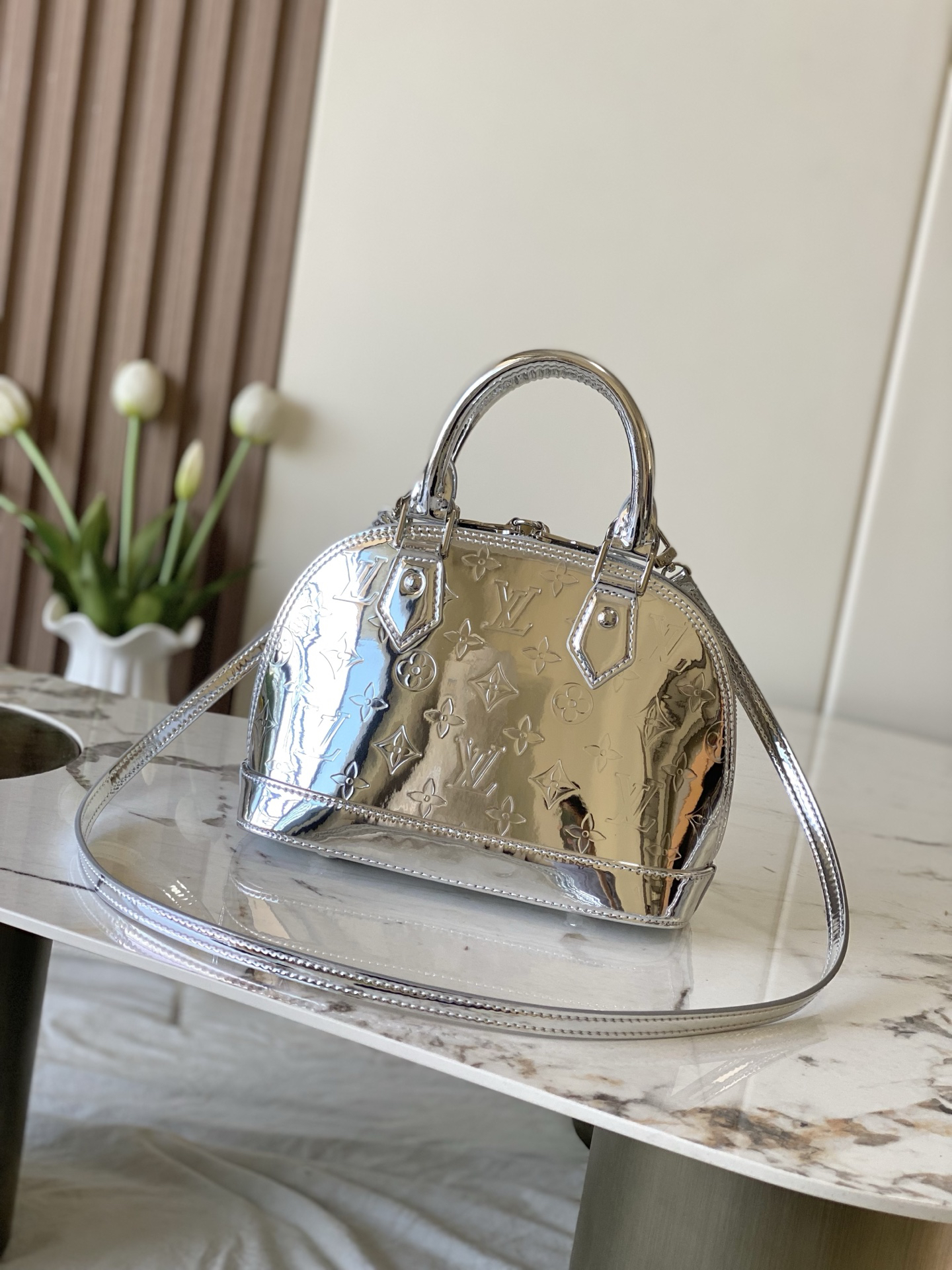 Louis Vuitton Alma BB Monogram Miroir Silver Coated Canvas Handbag - Image 3