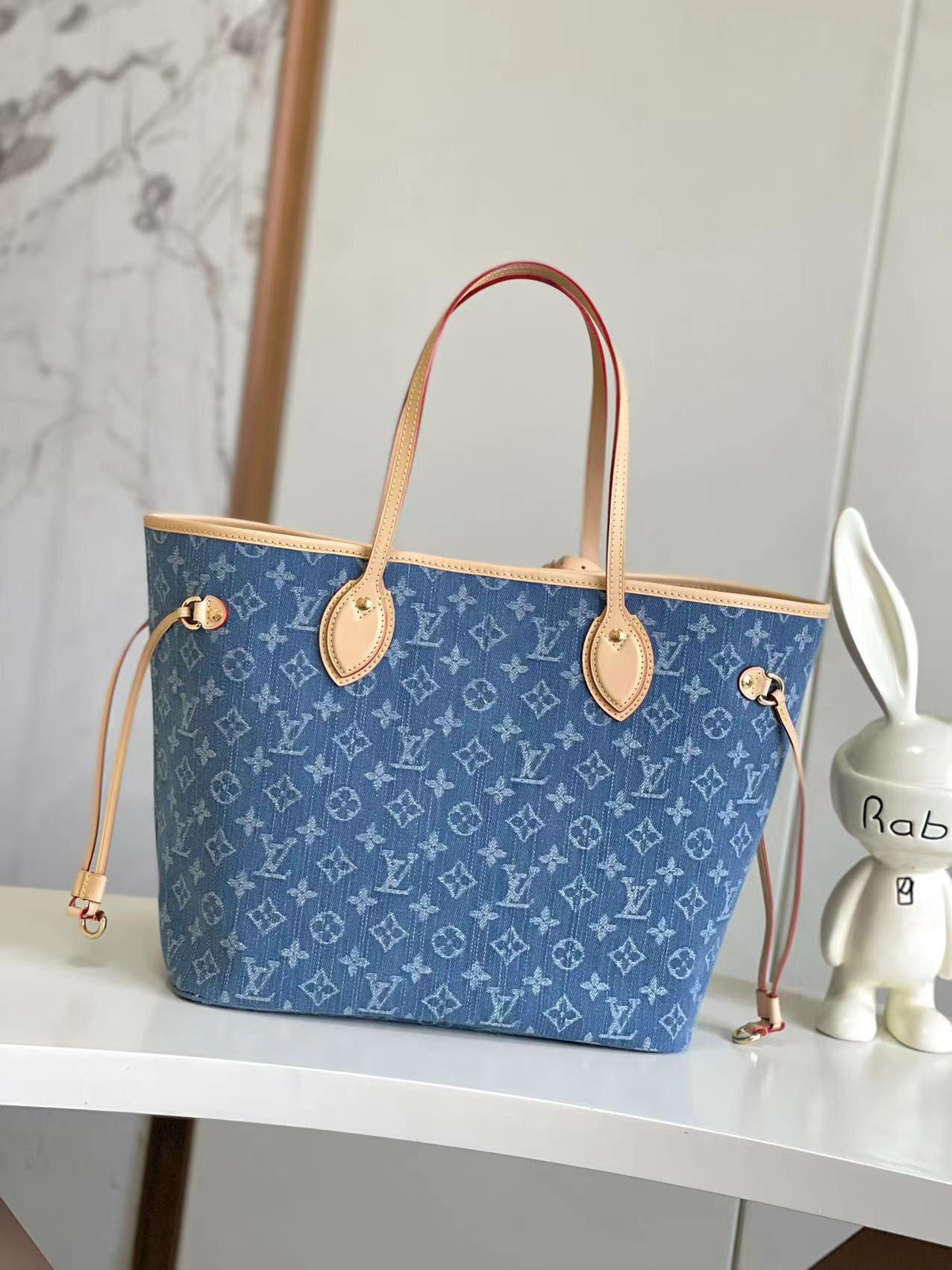 Louis Vuitton Neverfull MM Tote Bag in Blue Monogram Denim - Image 3