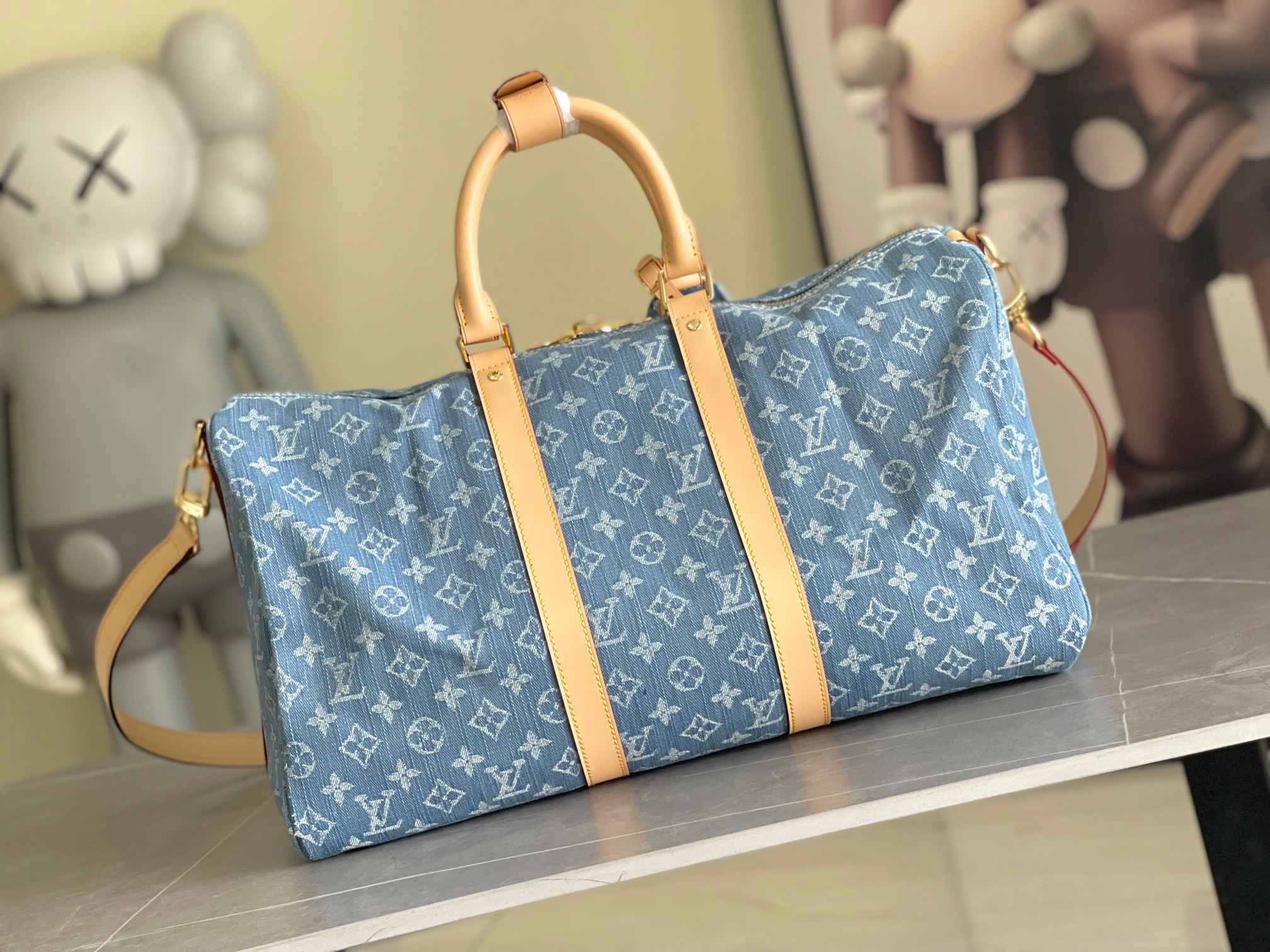 Louis Vuitton Keepall Bandoulière 45 Travel Bag in Light Blue Denim - Image 3