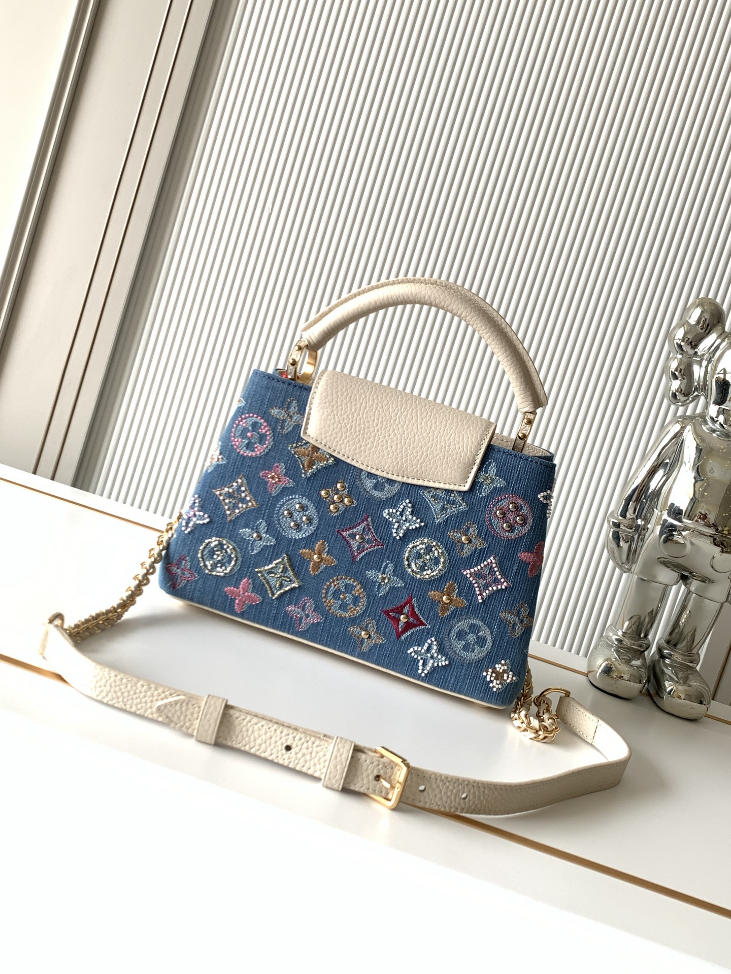Louis Vuitton Capucines Small Milky White Denim Embroidered Handbag - Image 3