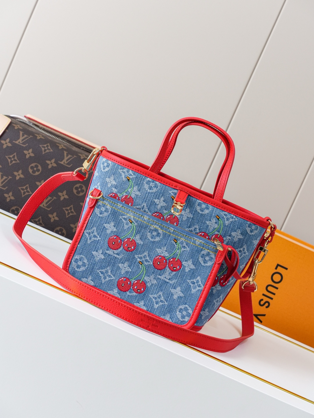 Louis Vuitton Neverfull Inside Out BB Monogram Cherry Denim Handbag - Image 3
