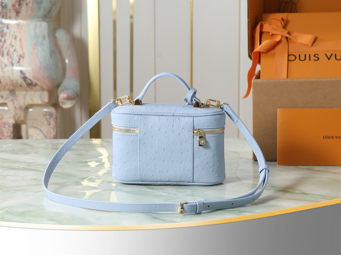 Louis Vuitton N85806 Blue Ostrich-Pattern Leather Crossbody Bag - Image 3