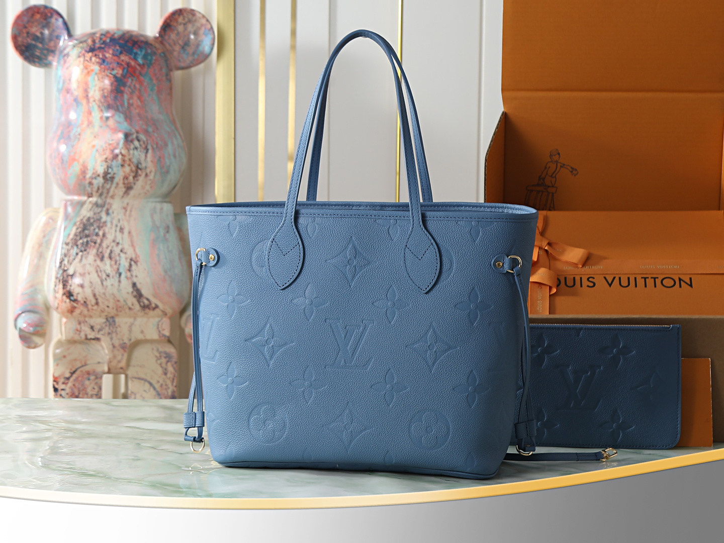 Neverfull MM Tote Bag in Blue Monogram Empreinte Leather - Image 3