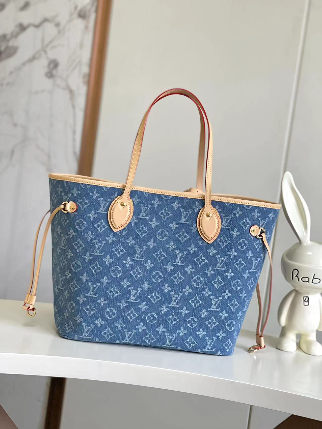 Louis Vuitton Neverfull MM Tote Bag in Blue Monogram Denim - Image 3