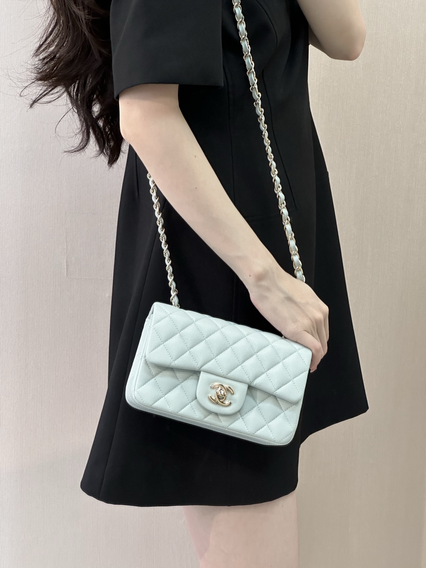 Chanel Classic Flap Mini Crossbody Bag in Light Blue with Light Gold Hardware - Image 3
