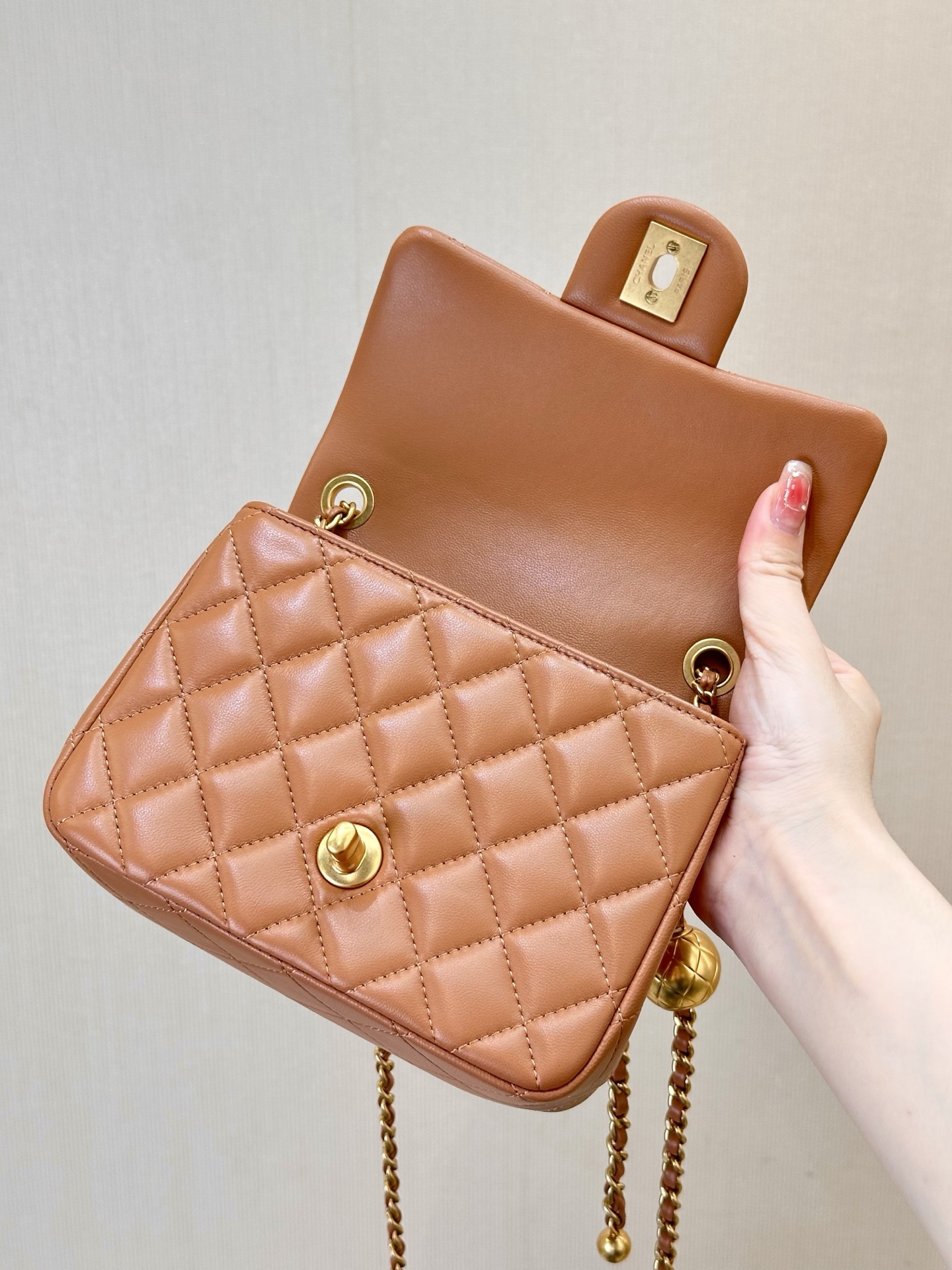 Chanel Quilted Lambskin Mini Crossbody Bag with Gold Ball Chain - Image 3