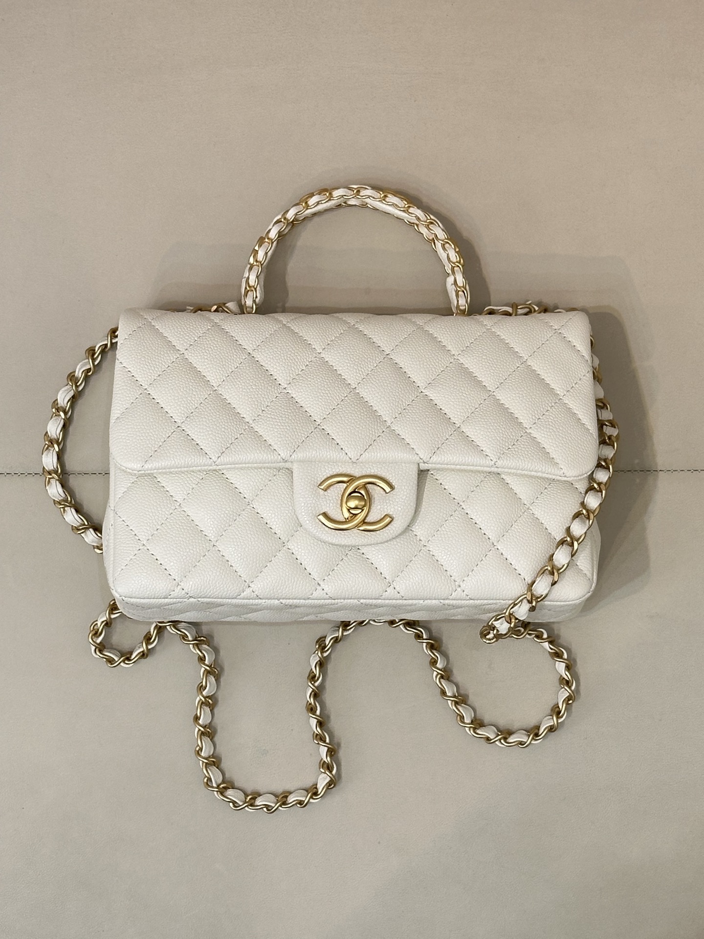 Chanel Mini Classic Flap Bag in White Litchi-Textured Leather - Image 3