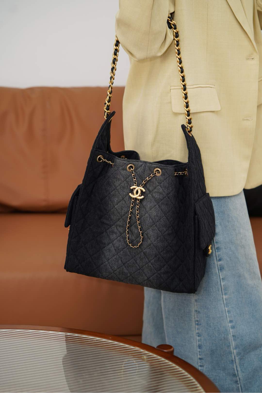 Chanel 25 Large Denim Drawstring Bucket Handbag - Image 3