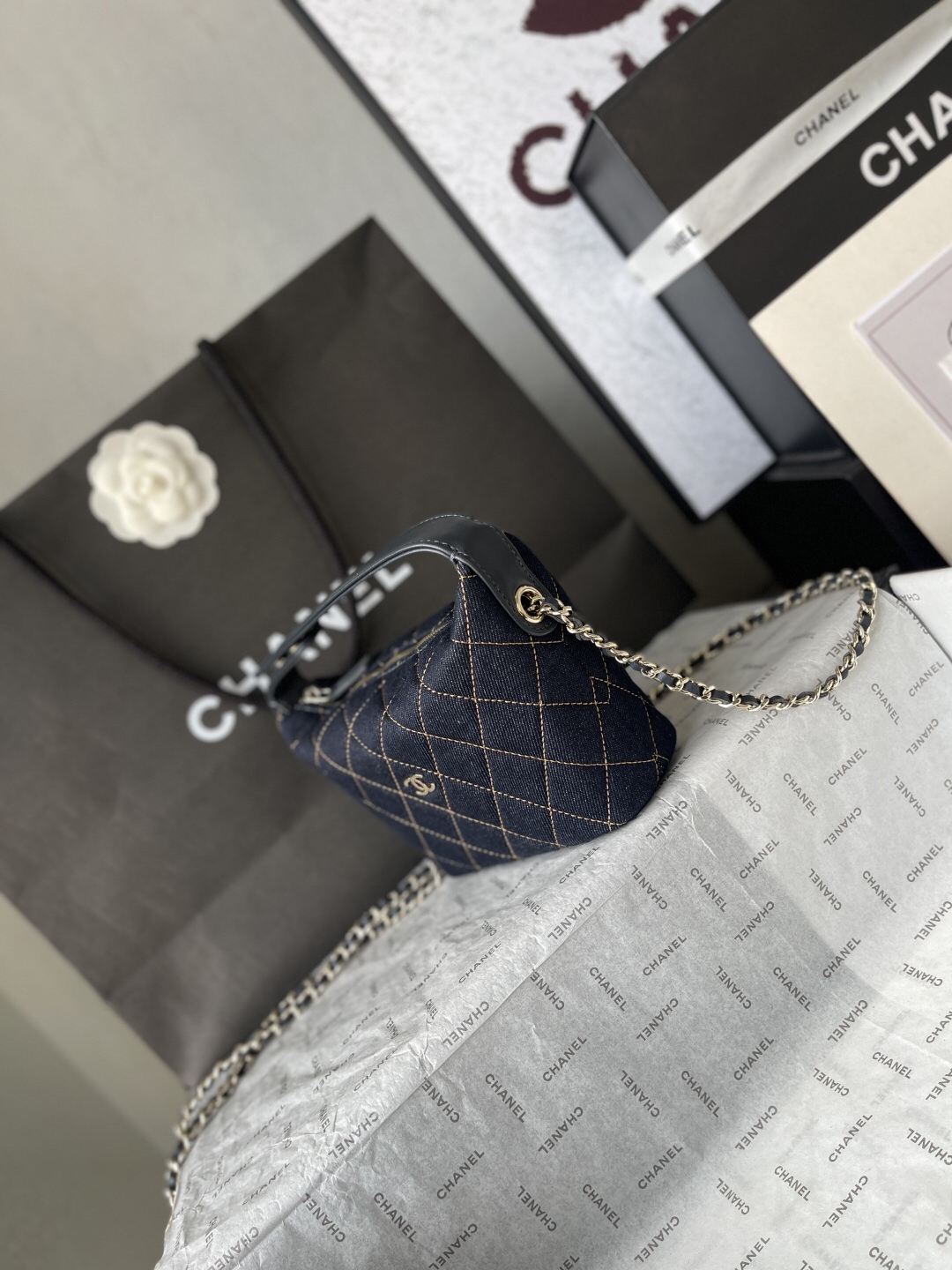 Chanel Denim Box Bag with Diamond Pattern - Image 3