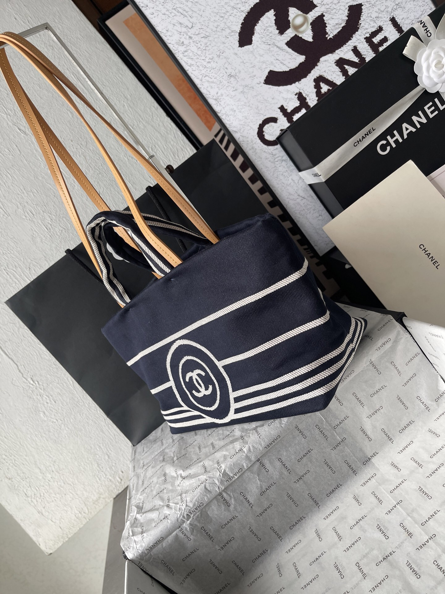 Chanel Navy Striped Denim Tote Bag - Image 3