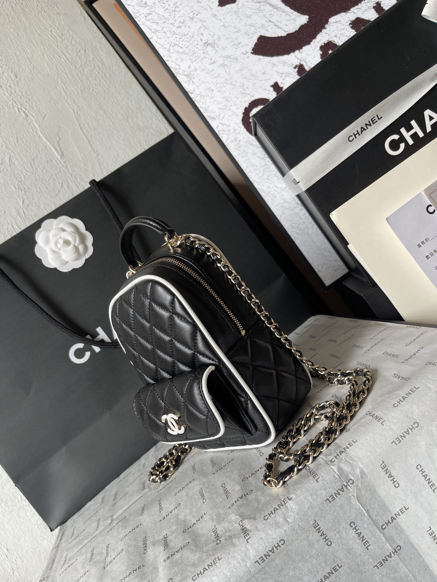 Chanel Black and White Plaid Double C Chain Backpack - Image 3