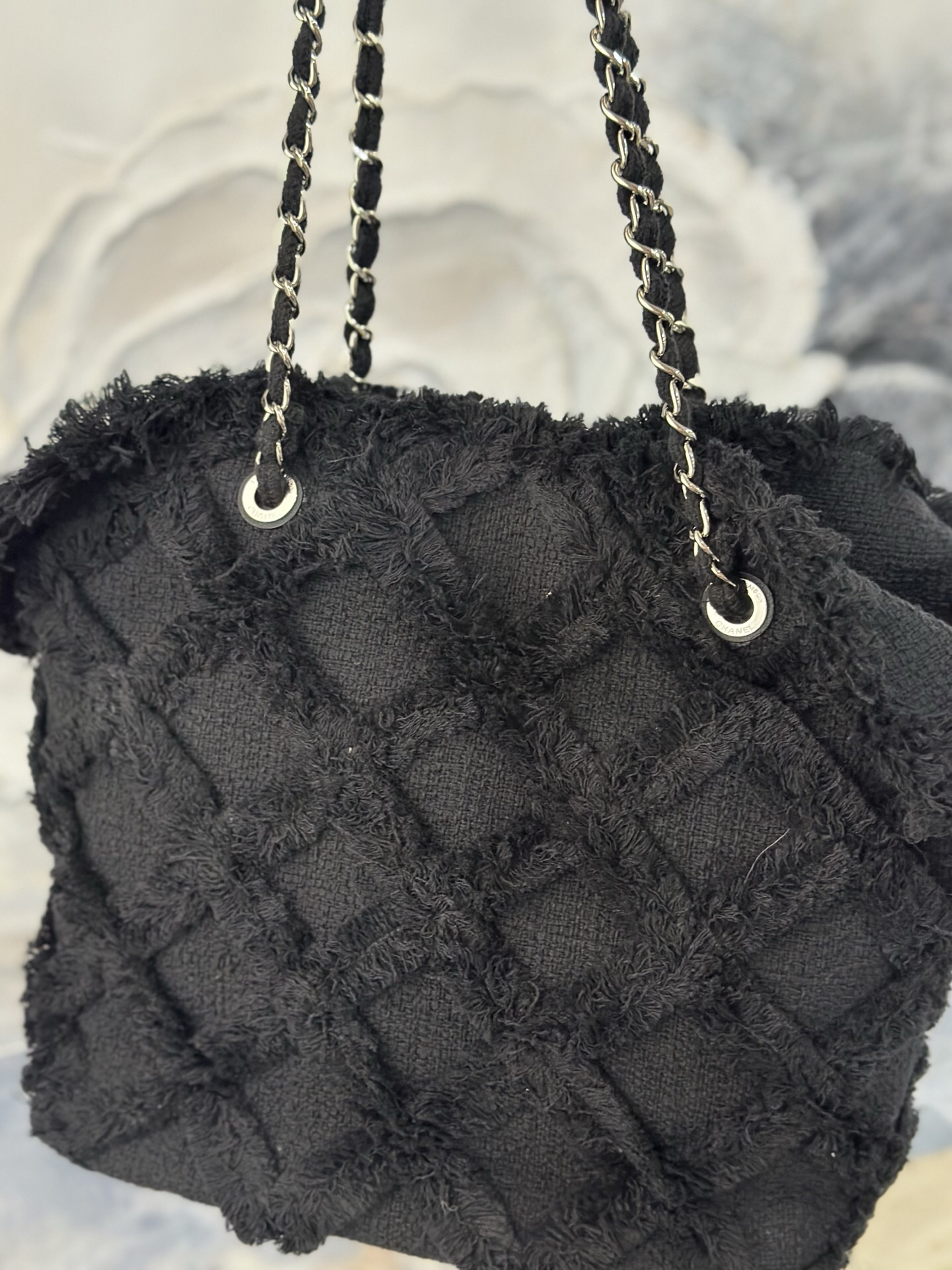 Black Vintage Linen Fringe Tote Bag - Image 3