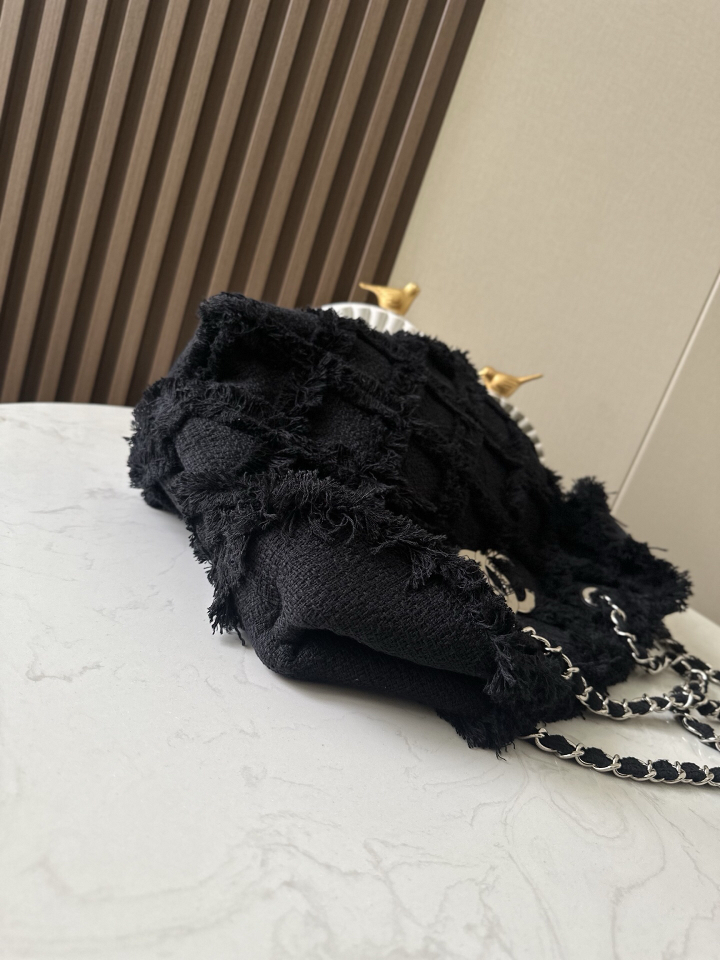 Black Vintage Linen and Straw Tote Bag with Fringe - Image 3