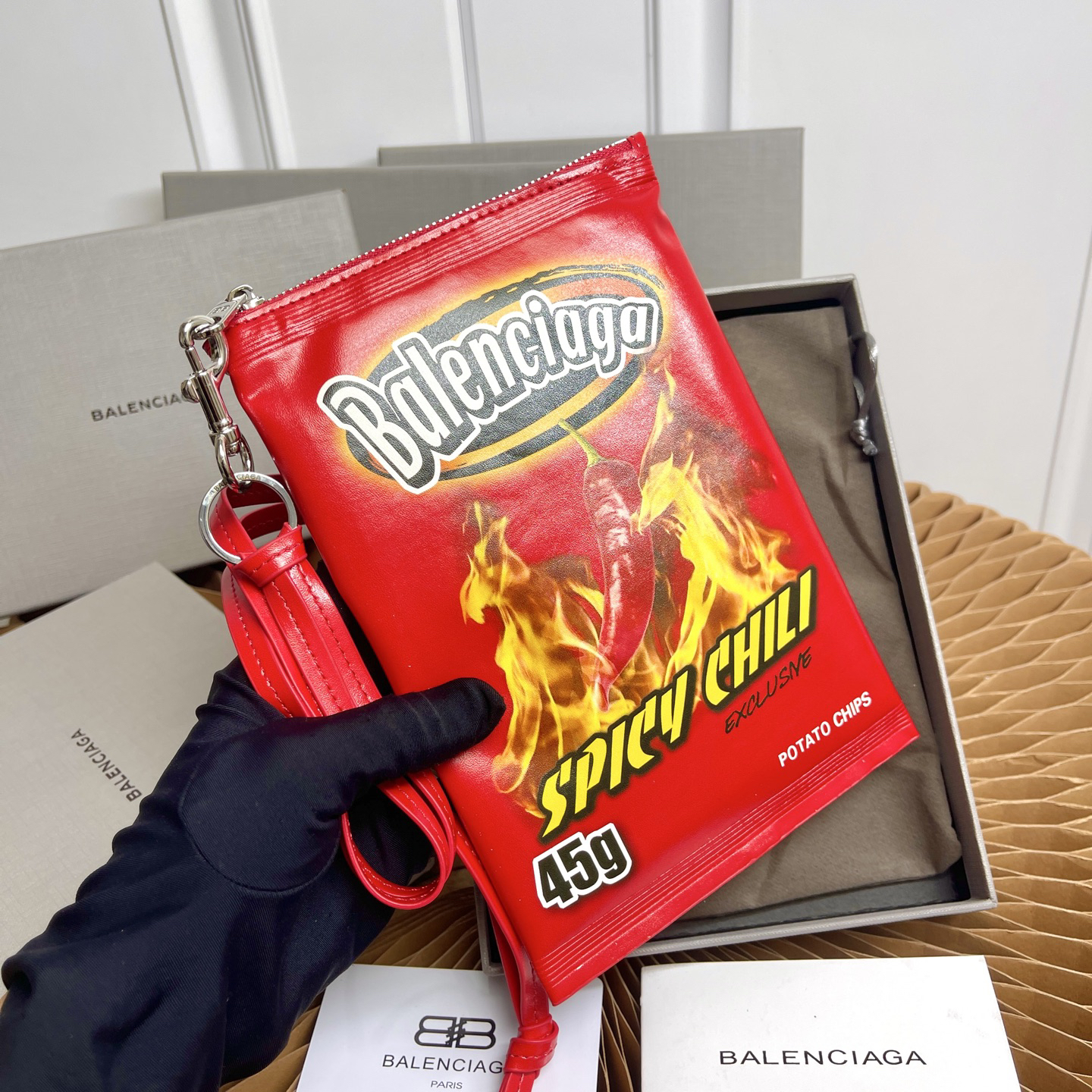 Balenciaga Chips Phone Holder Bag in Red Glossy Calfskin - Image 3