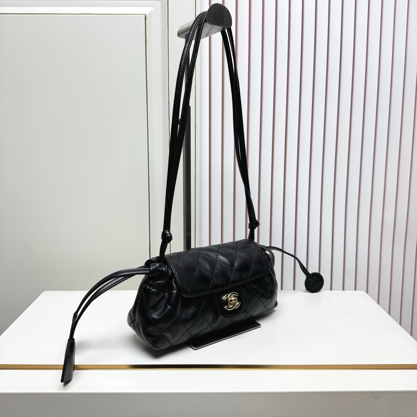 Chanel Classic Black Quilted Leather Drawstring Crossbody Bag - Image 4