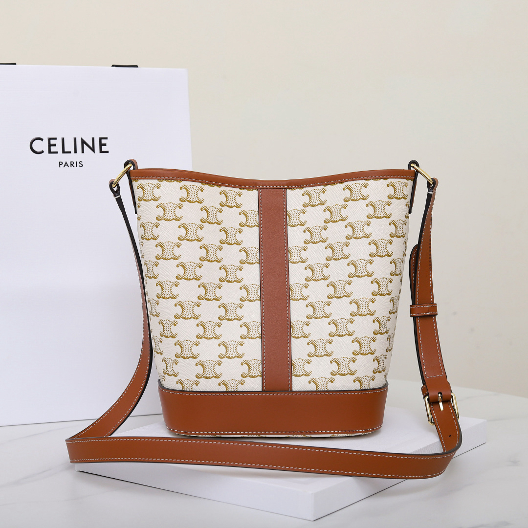Celine Small Bucket Bag in Monogram Canvas and Brown Leather - Image 4