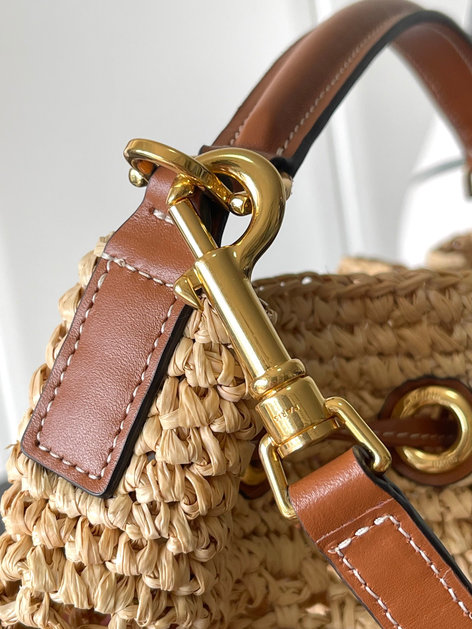 CELINE Clara Woven Plant-Fiber and Calfskin Leather Drawstring Bucket Bag - Image 4