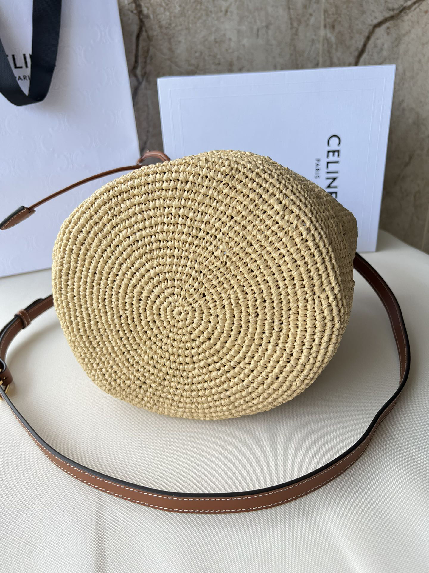 CLARA Classic Woven and Leather Bucket Bag in Yellow-Brown - Image 4