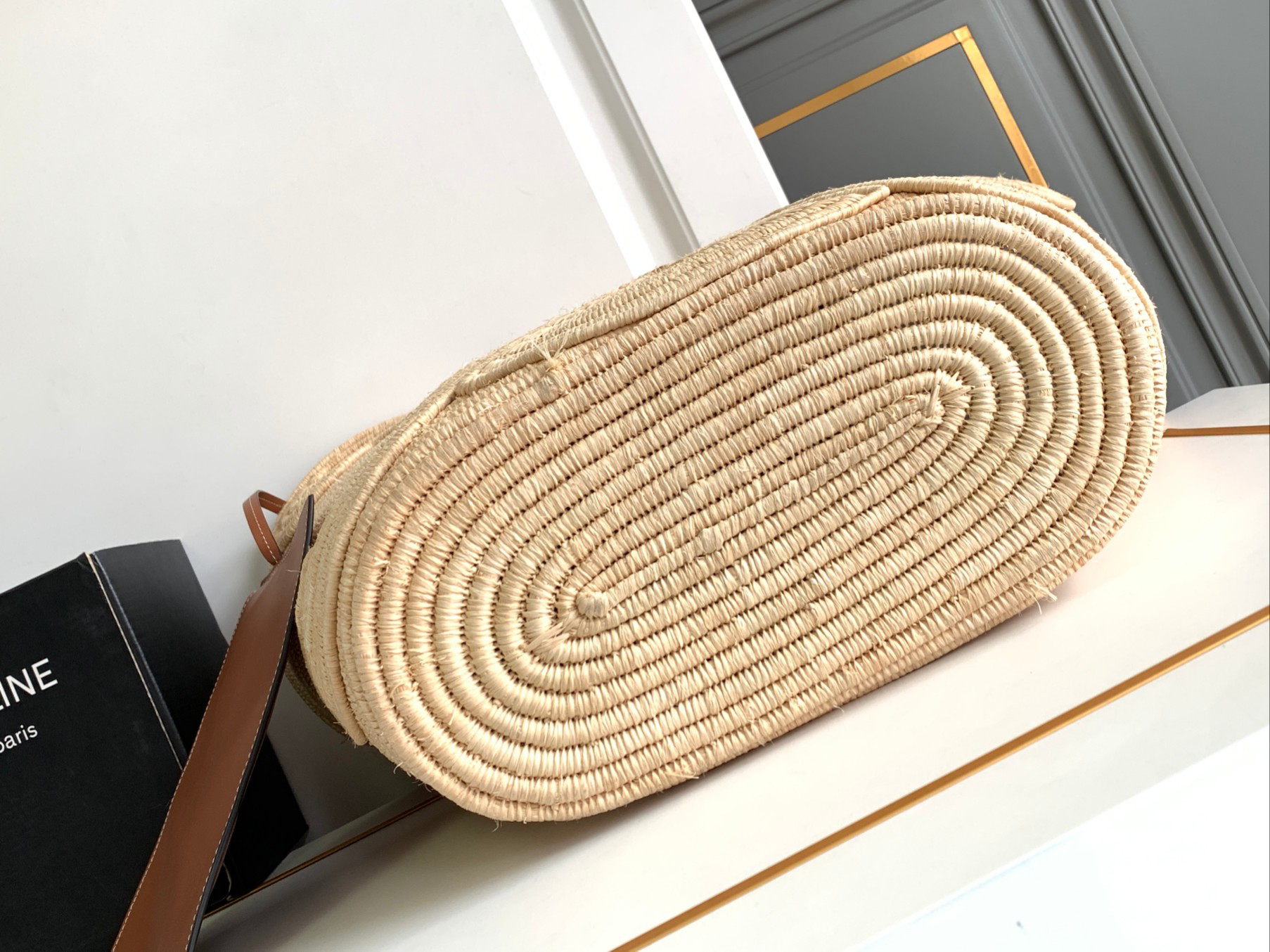 CELINE Natural Woven Plant-Fiber and Calfskin Leather Triome Medium Tote Bag - Image 4