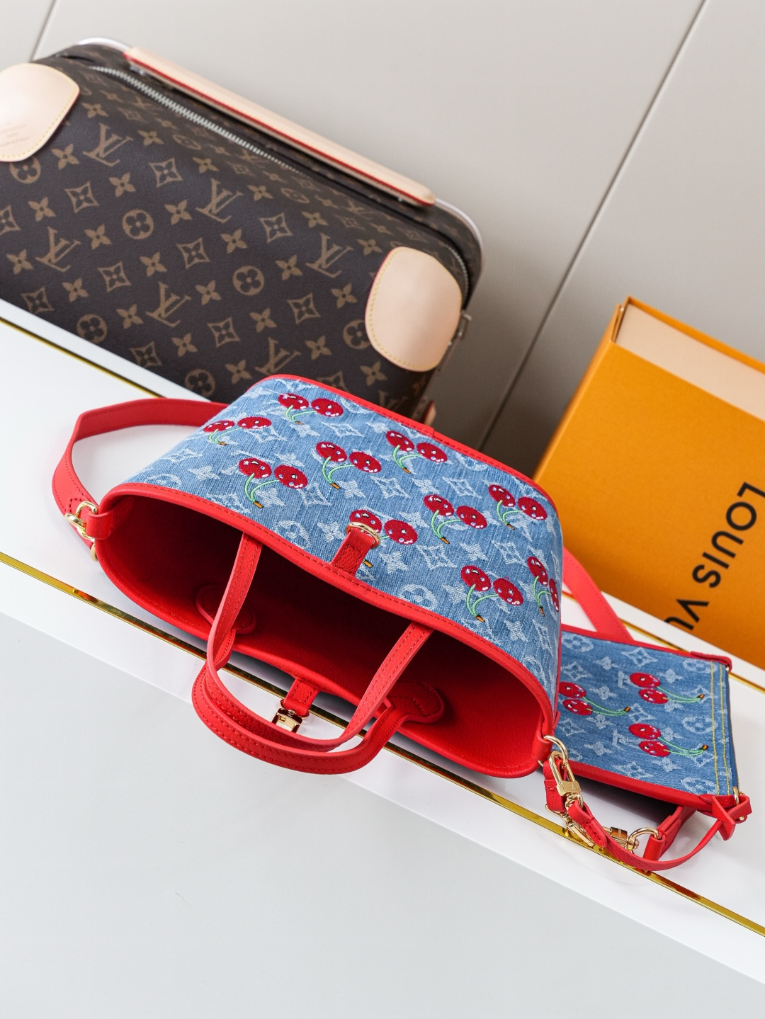 Louis Vuitton Neverfull Inside Out BB Monogram Cherry Denim Handbag - Image 4
