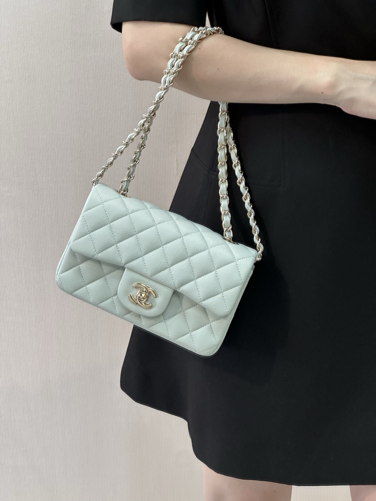 Chanel Classic Flap Mini Crossbody Bag in Light Blue with Light Gold Hardware - Image 4