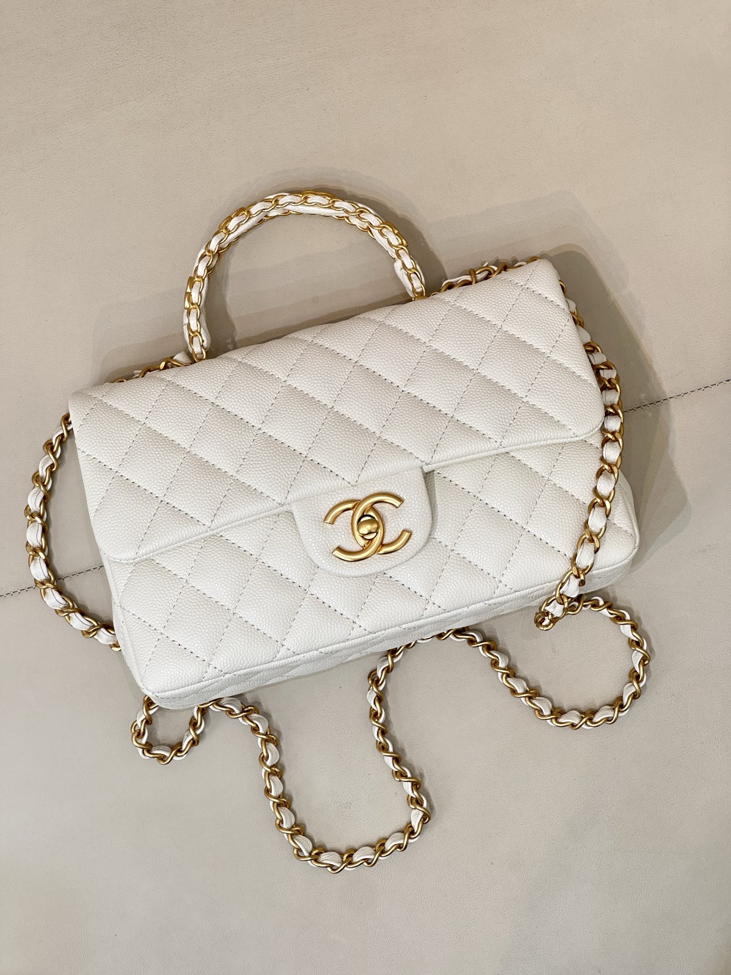 Chanel Mini Classic Flap Bag in White Litchi-Textured Leather - Image 4