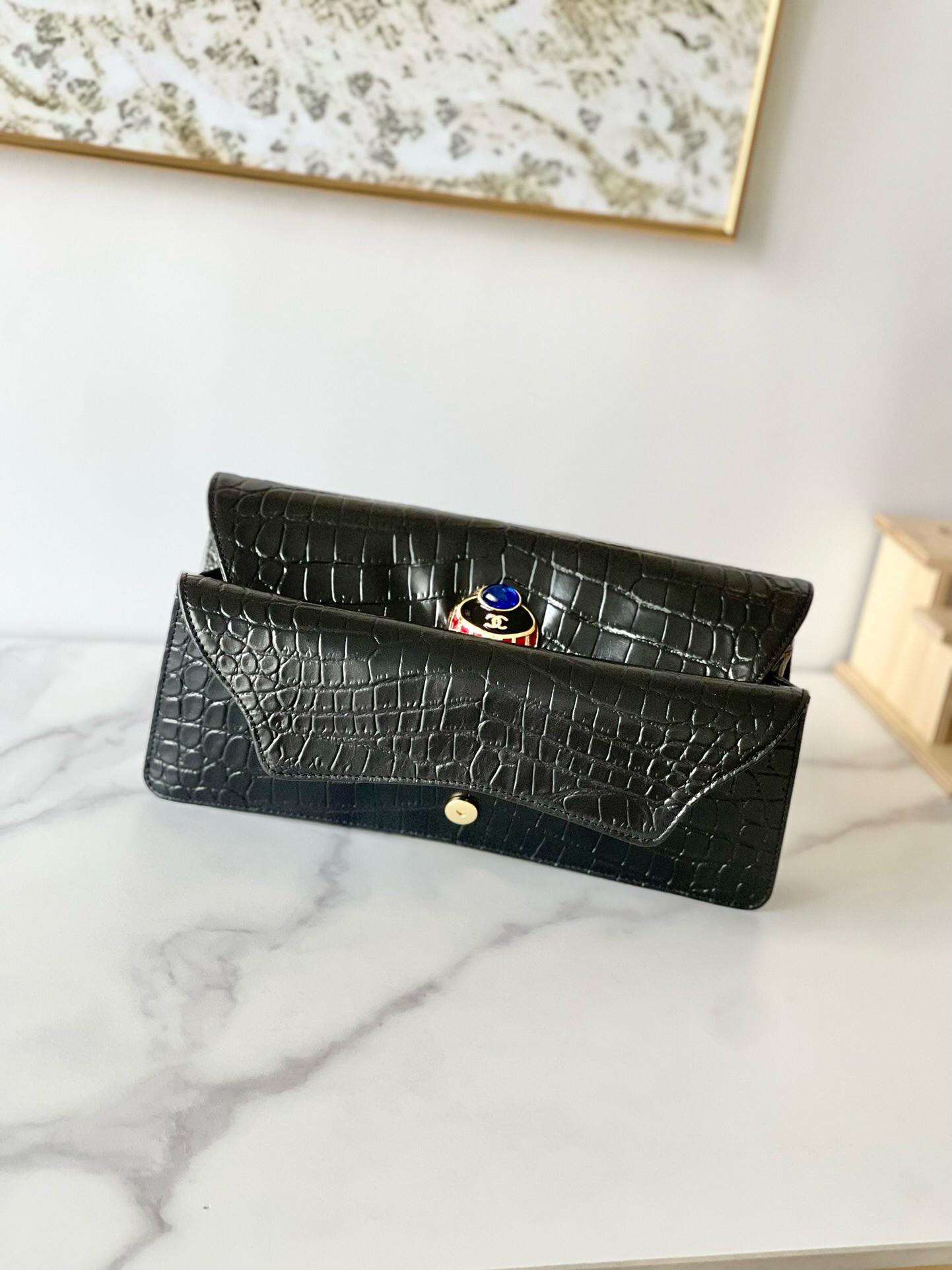Chanel Black Crocodile Embossed Leather Clutch Evening Bag - Image 4