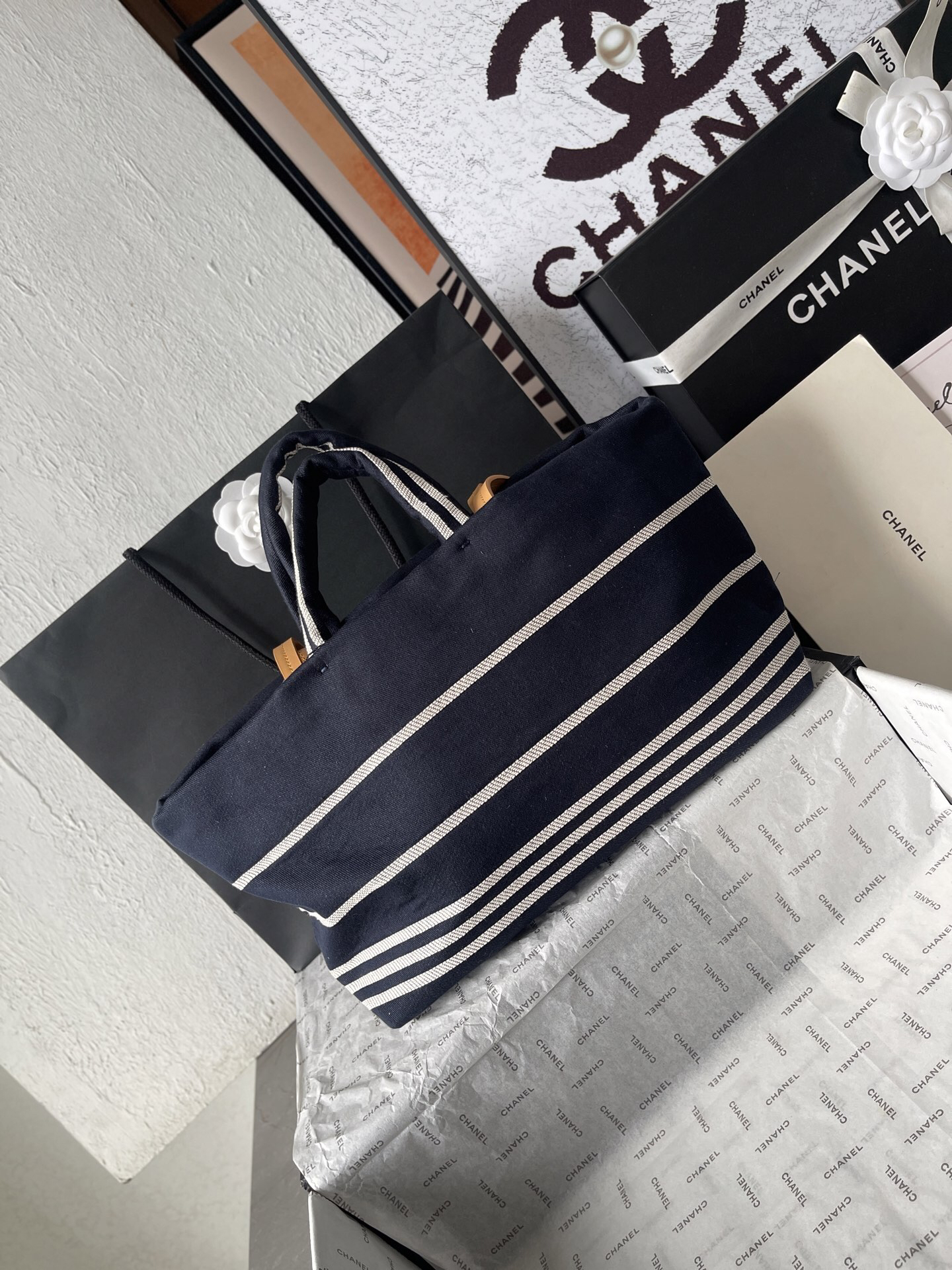 Chanel Navy Striped Denim Tote Bag - Image 4