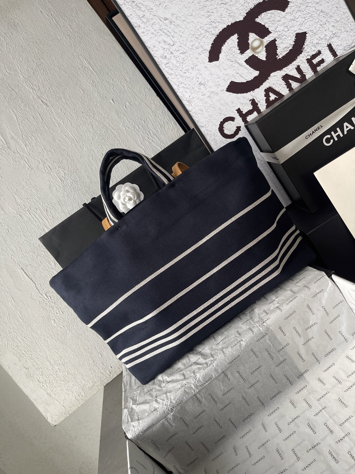 Chanel Navy Blue Striped Denim Tote Bag - Image 4