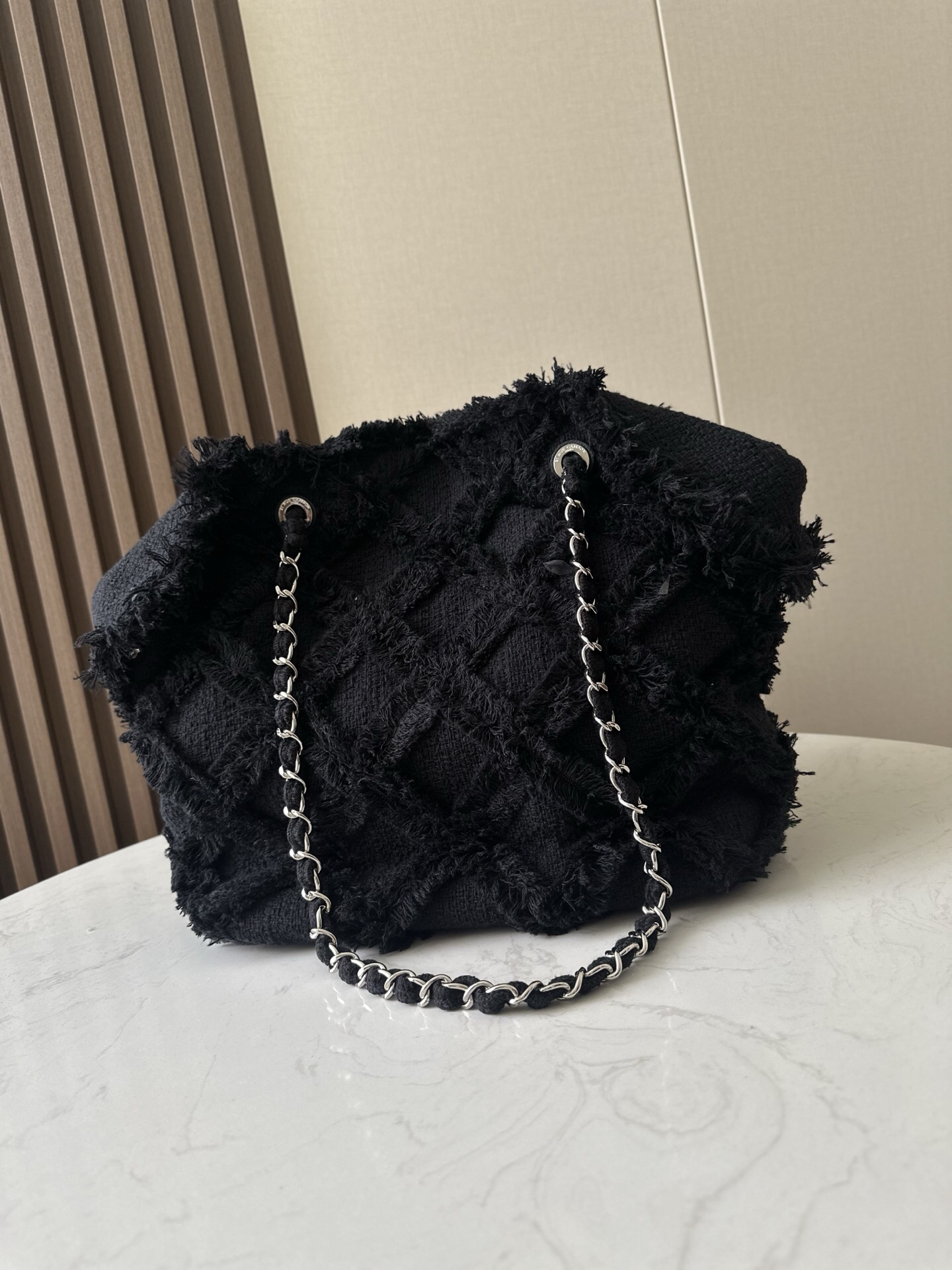 Black Vintage Linen and Straw Tote Bag with Fringe - Image 4