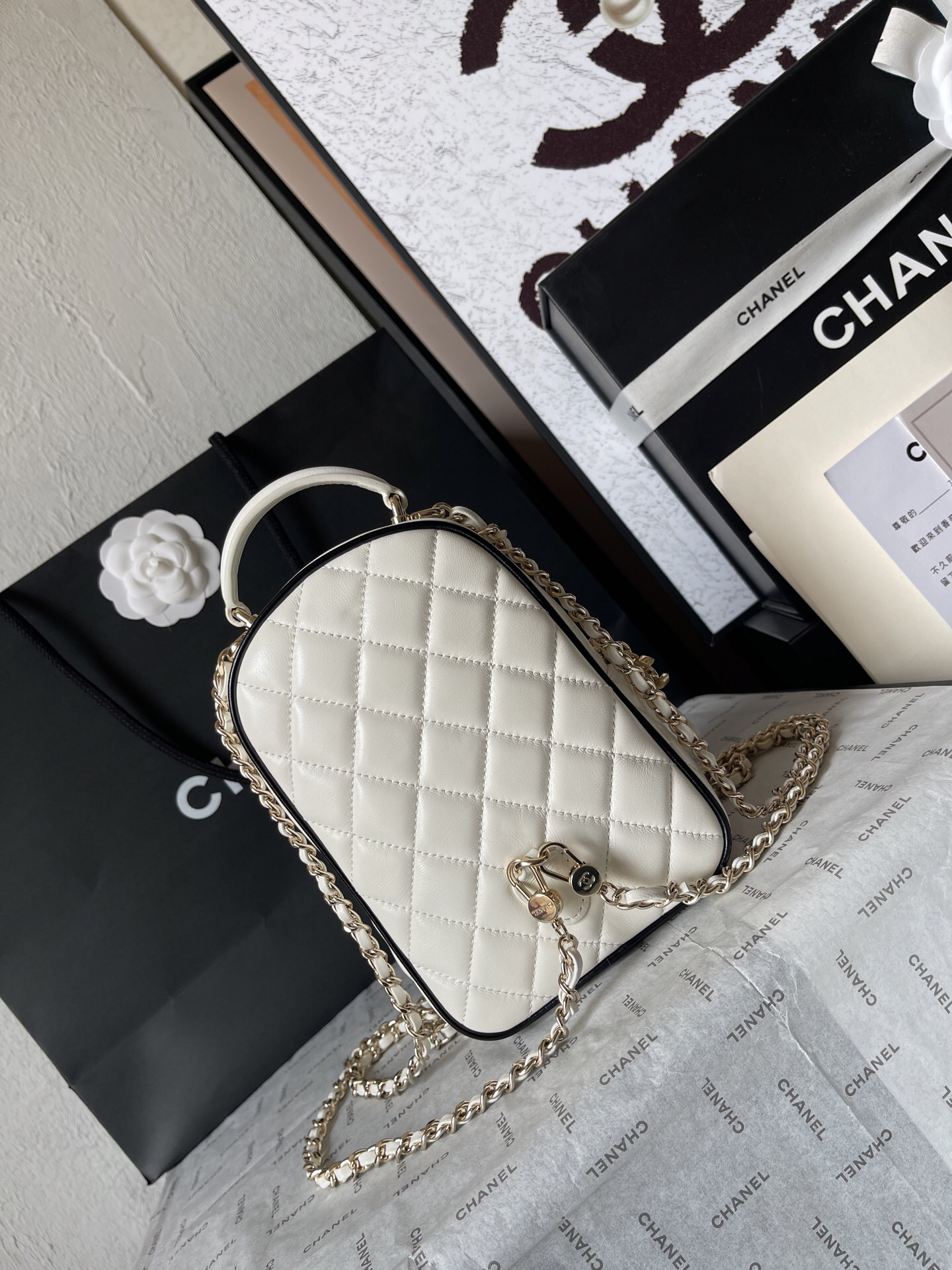 Chanel Black and White Quilted Lambskin Backpack - Image 4