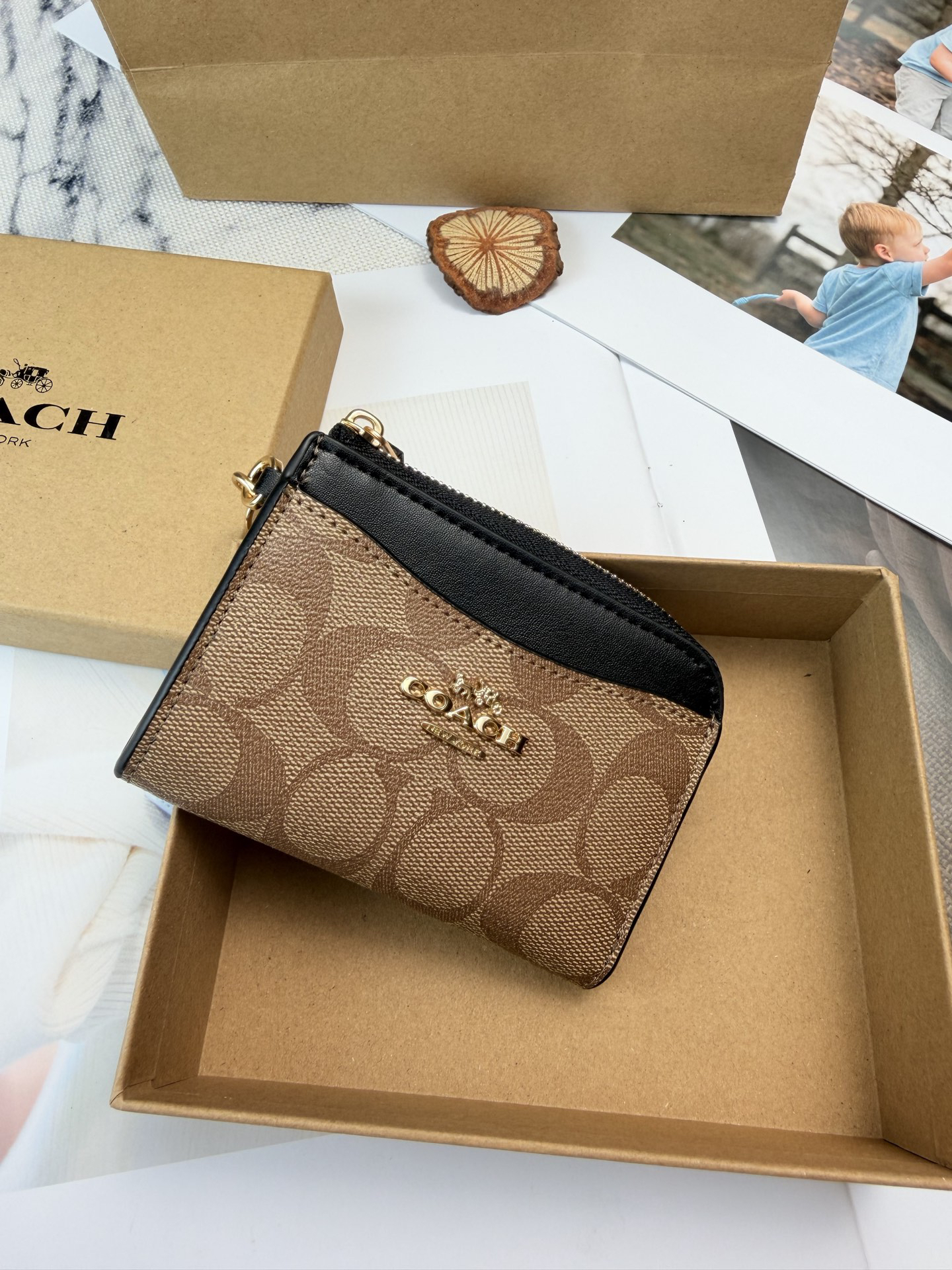 COACH Signature C Khaki and Black Leather Coin Purse C8275 - Image 4