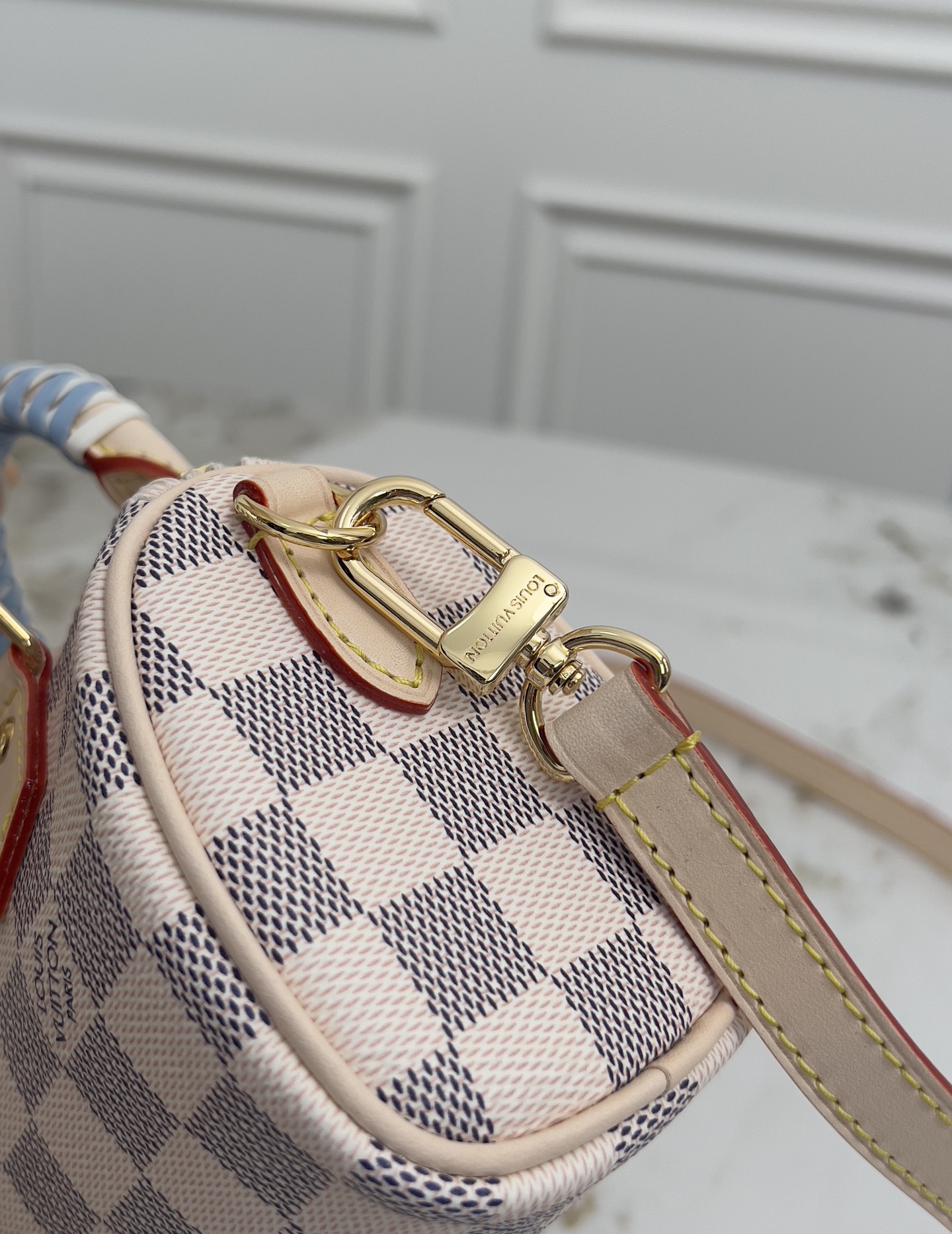 Louis Vuitton Nano Speedy Handbag in Damier Azur Coated Canvas - Image 5