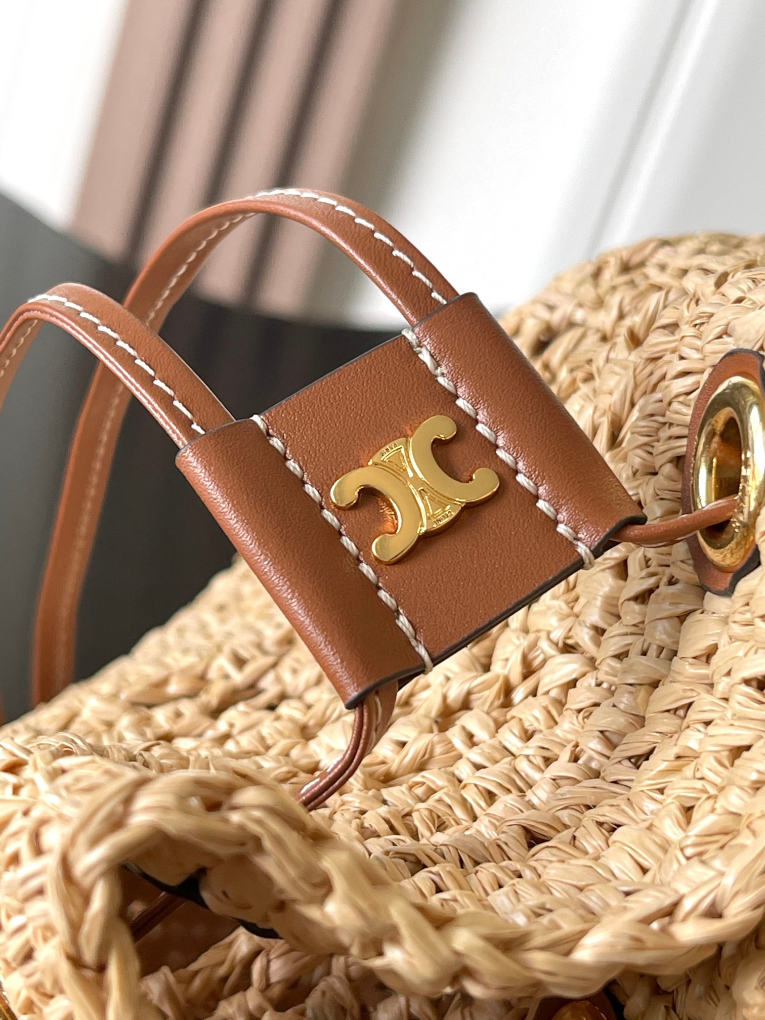 CELINE CLARA Raffia and Calfskin Classic Drawstring Basket Bag - Image 5