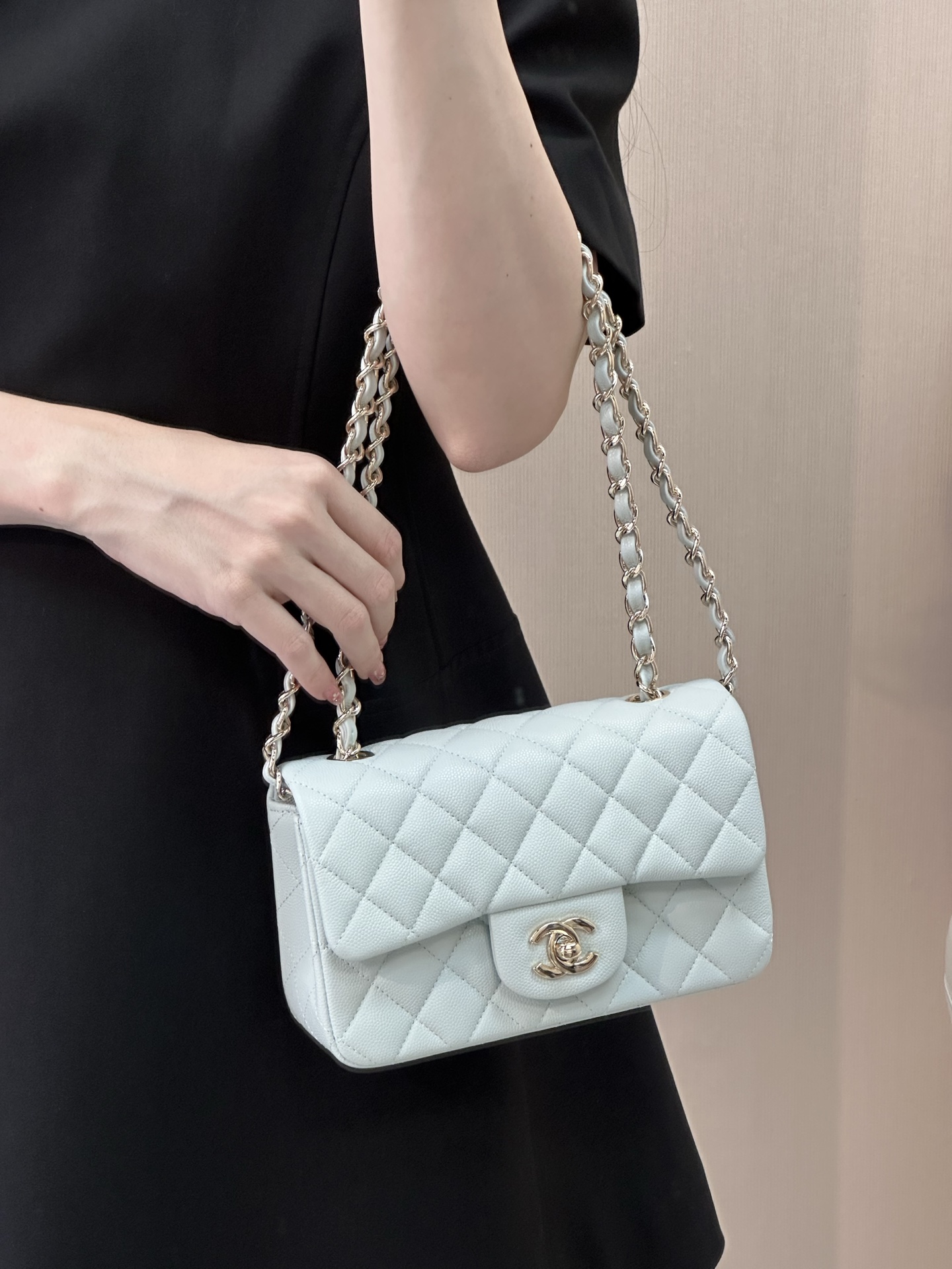 Chanel Classic Flap Mini Crossbody Bag in Light Blue with Light Gold Hardware - Image 5