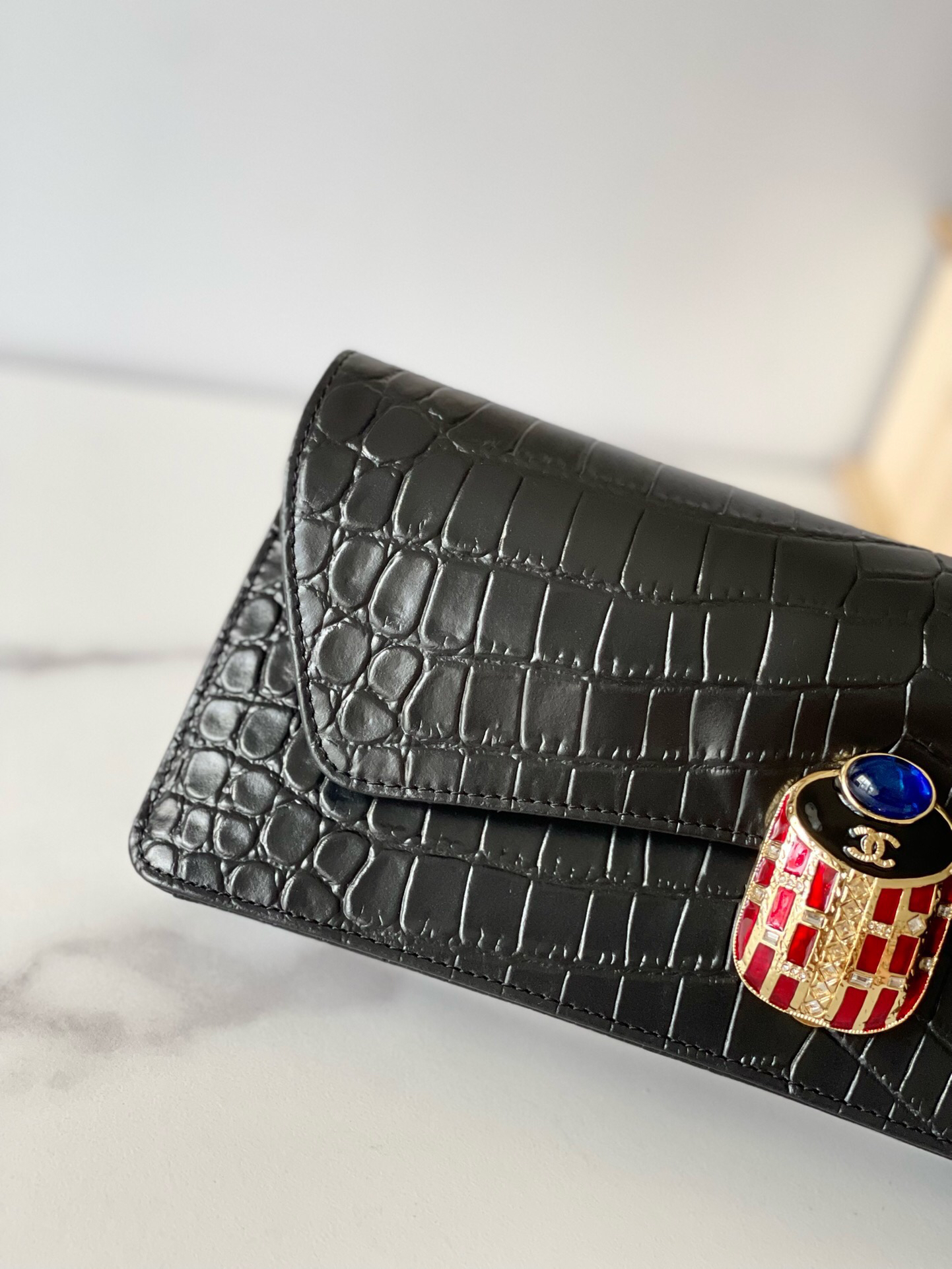 Chanel Black Crocodile Embossed Leather Clutch Evening Bag - Image 5