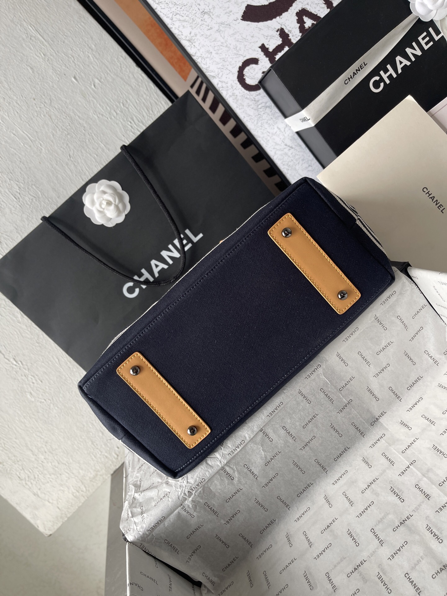 Chanel Navy Striped Denim Tote Bag - Image 5