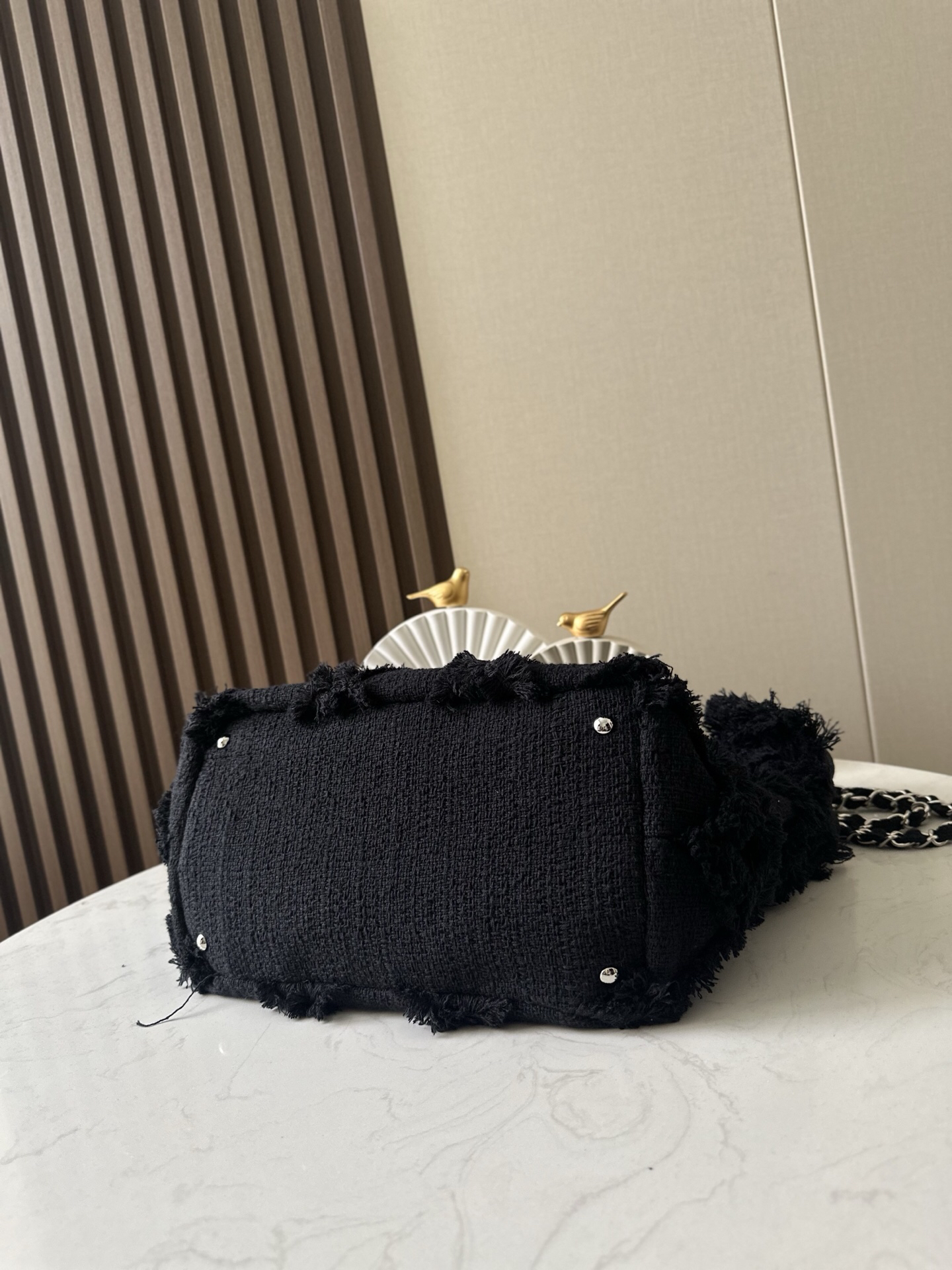 Black Vintage Linen and Straw Tote Bag with Fringe - Image 5