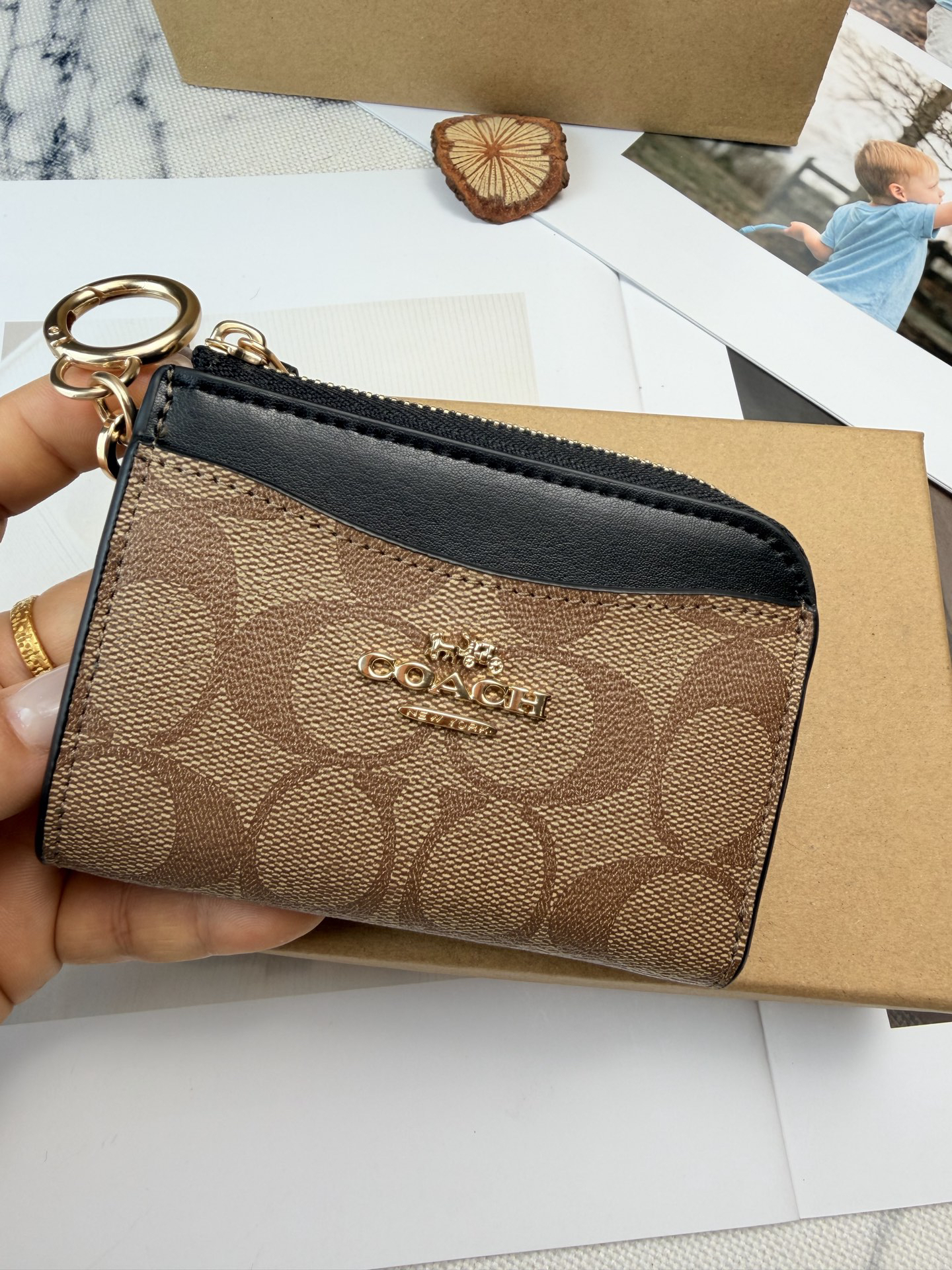COACH Signature C Khaki and Black Leather Coin Purse C8275 - Image 5